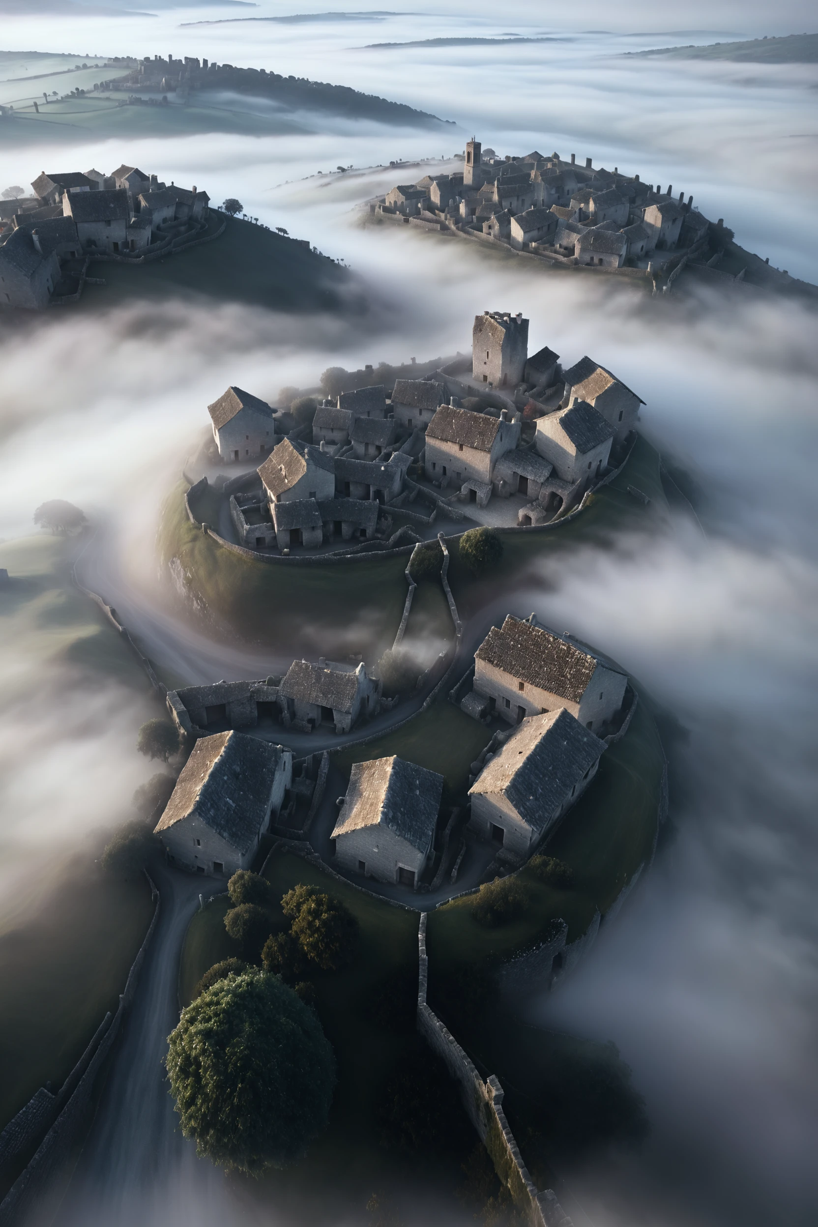 best quality, masterpiece, detailed, realistic, photorealistic, aerial\(ttp\), An aerial view of an ancient village emerging through the morning mist, with stone houses and winding lanes enveloped in a gentle fog, as if time has stood still. From above, the village appears as a secluded haven detached from the modern world, serene and mysterious