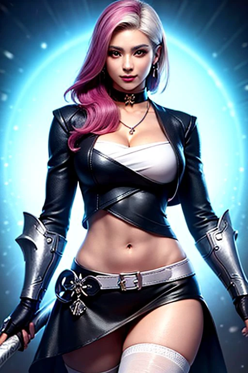 Luna_Snow, 1girl, solo, looking at viewer, smile, black hair, jewelry, white shirt, upper body, pink hair, earrings, lips, streaked hair, makeup, ring, heterochromia eyes, choker, thighhighs, navel, cleavage, medium breasts, black cropped jacket, boots, elbow gloves, midriff, necklace, black footwear, white thighhighs, knee boots, weapon, armor,