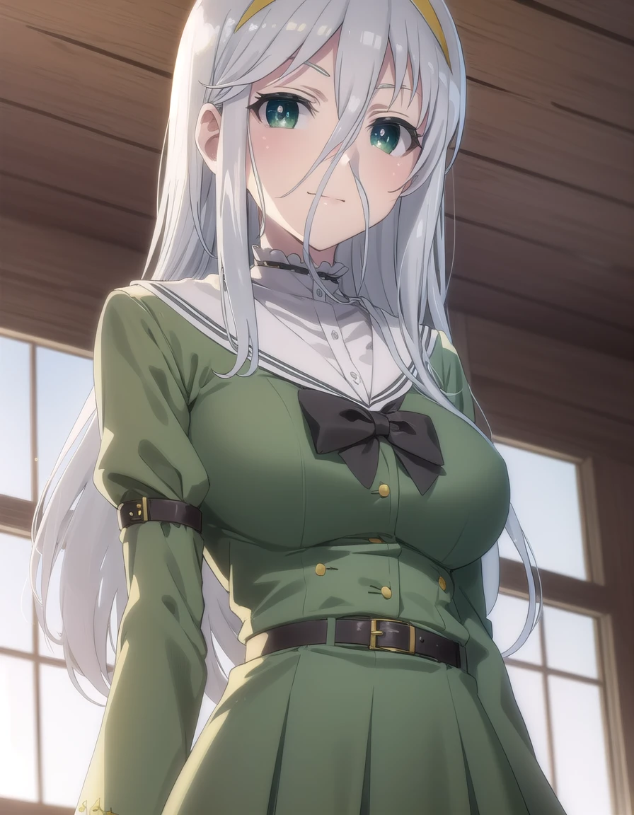 gekkosenko, <lora:sk gekko senko s1-lora-nochekaiser:1>,
gekko, long hair, hair between eyes, (green eyes:1.3), grey hair, hairband, yellow hairband, smile,
BREAK bow, school uniform, serafuku, long sleeves, puffy sleeves, grey serafuku,
BREAK indoors, classroom,
BREAK looking at viewer, (cowboy shot:1.5),
BREAK <lyco:GoodHands-beta2:1>, (masterpiece:1.2), best quality, high resolution, unity 8k wallpaper, (illustration:0.8), (beautiful detailed eyes:1.6), extremely detailed face, perfect lighting, extremely detailed CG, (perfect hands, perfect anatomy),