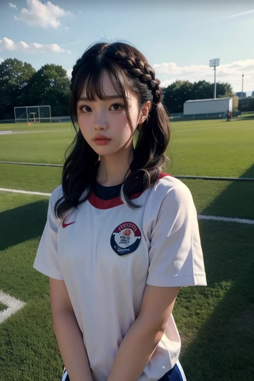 photo of <lora:ichika_matsum_lora:1>,black hair,braids,brown eyes,1girl,solo,wearing track uniform,olympic field,portrait,best quality,masterpiece,illustration,an extremely delicate and beautiful,CG,unity,Amazing,finely detail,official art,8k wallpaper,incredibly absurdres,highres,extremely detailed,beautiful detailed girl