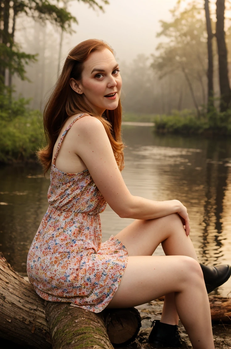 tv_Ariel_Anderssen_M, ,  , calm expression, wearing a colorful sundress, sitting on a log at a misty forest pond, golden hour, shot from the side,, 8k resolution, highres, high detail, sharp focus, detailed skin,  8k uhd,