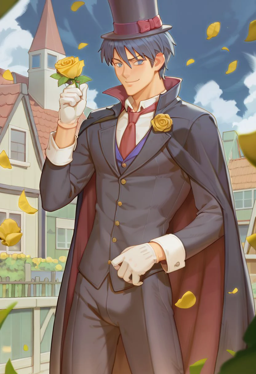 score_9, score_8_up, score_7_up, phantom thief jade, 1boy, solo, blue hair, blue eyes, top hat, monocle, black suit, black cape, red necktie, white gloves, yellow rose, moonlight, roof, cowboy shot, looking at viewer, smile