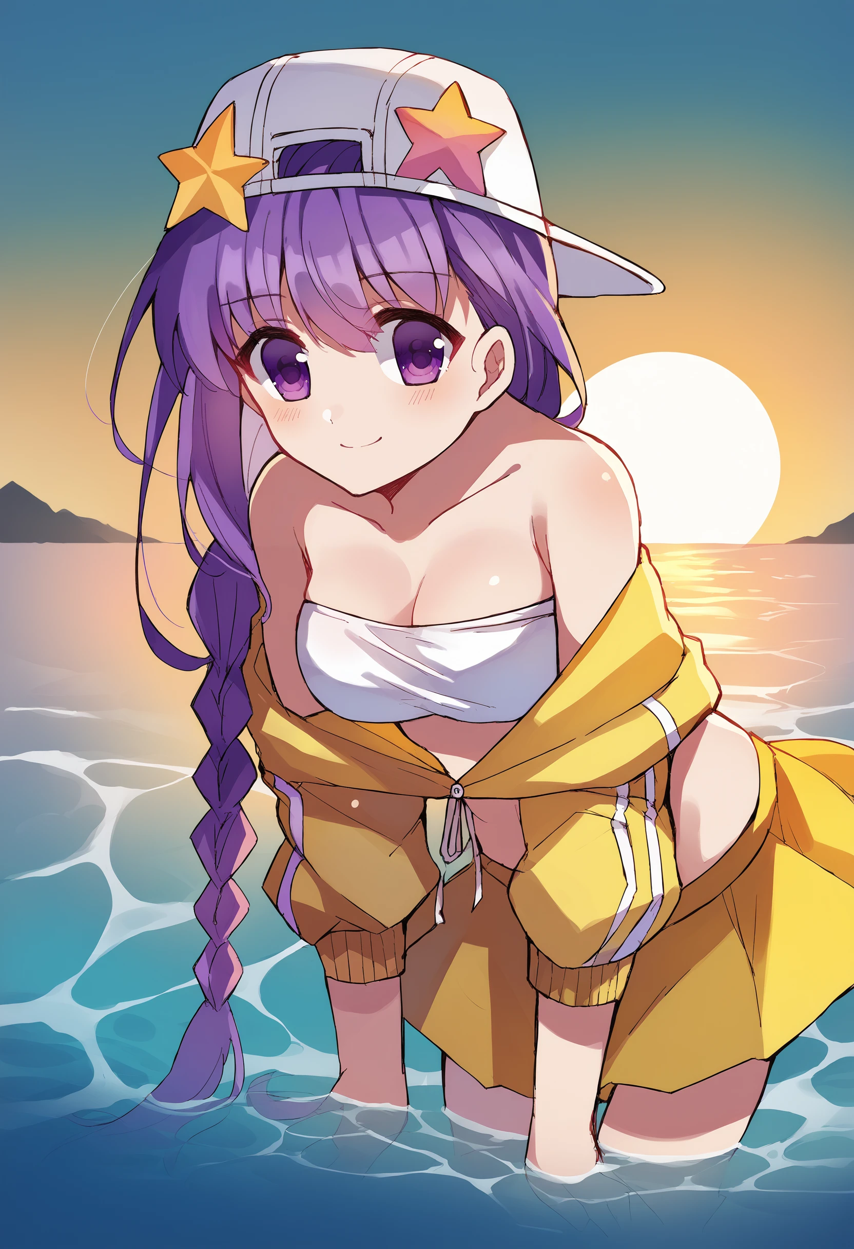 score_9, score_8_up, source_anime, 1girl, solo, BBSummer, purple eyes, purple hair, very long hair, single braid, baseball cap, backwards hat, star hat ornament, yellow jacket, off shoulder, white bikini, bandeau, yellow skirt, ocean, leaning forward, sunset, wading, smile, warm lighting, backlighting, <lora:ChamBBFatePonyXL:1>,   <lora:Nanahachi-Style-PonyXL-000057:1>