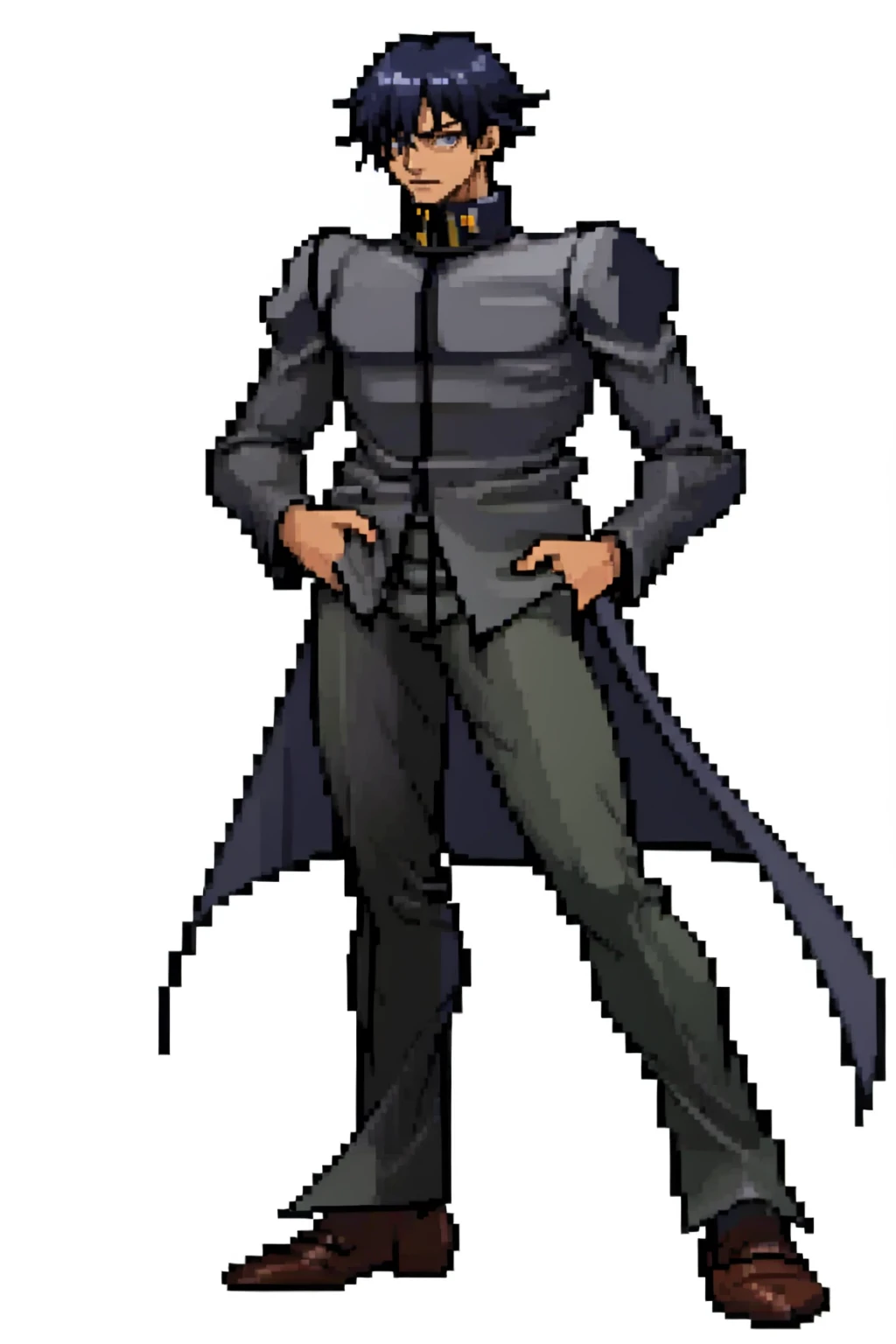 masterpiece, best quality, solo, 1boy, looking at viewer, <lora:CPS3_Fp:0.8>, simple background, full body, standing, <lora:NaoyaV3:1> Naoya, school uniform, grey pants, hand on hip,