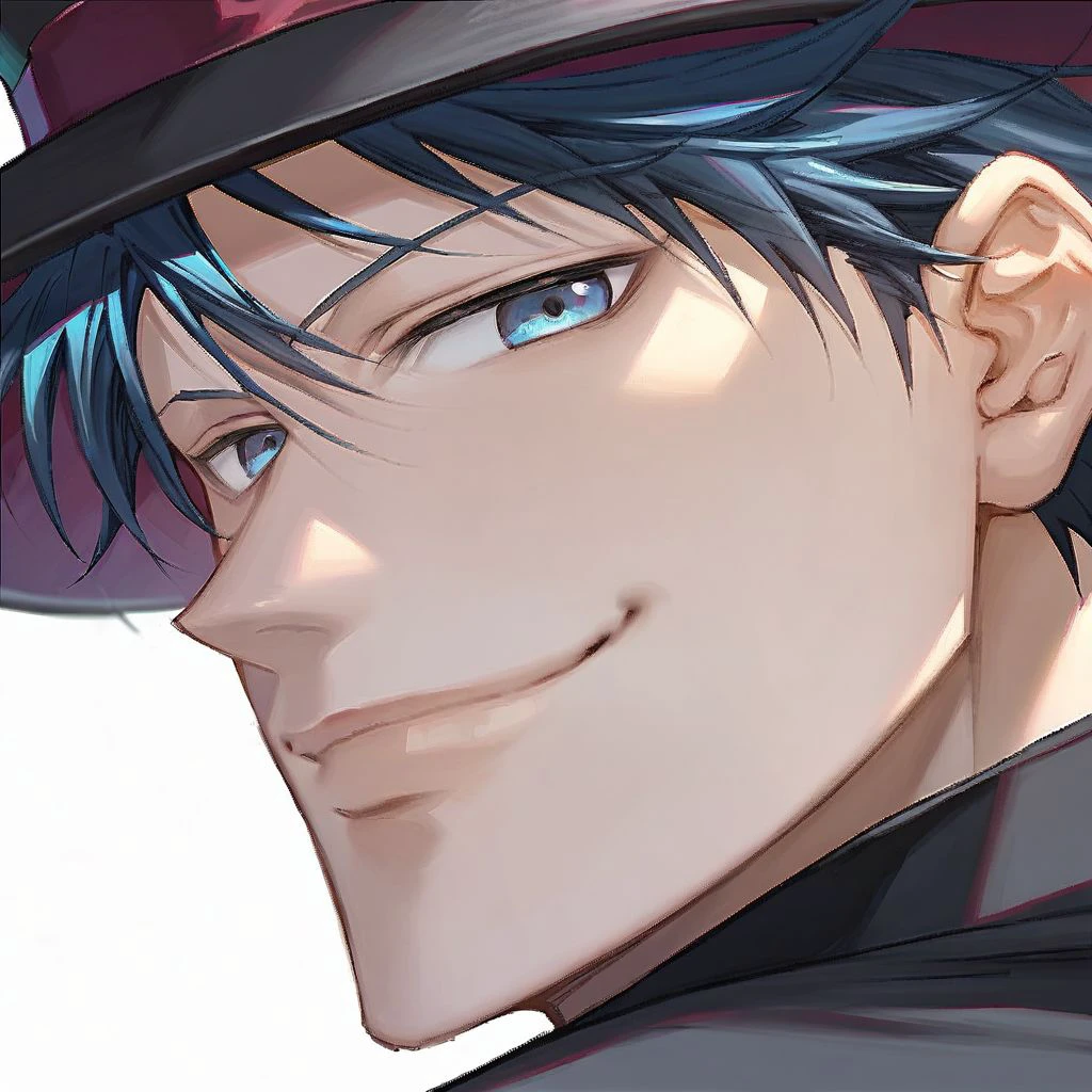 score_9, score_8_up, score_7_up, phantom thief jade, 1boy, solo, blue hair, blue eyes, top hat, monocle, black suit, black cape, red necktie, close-up portrait, smile, looking at viewer, white background