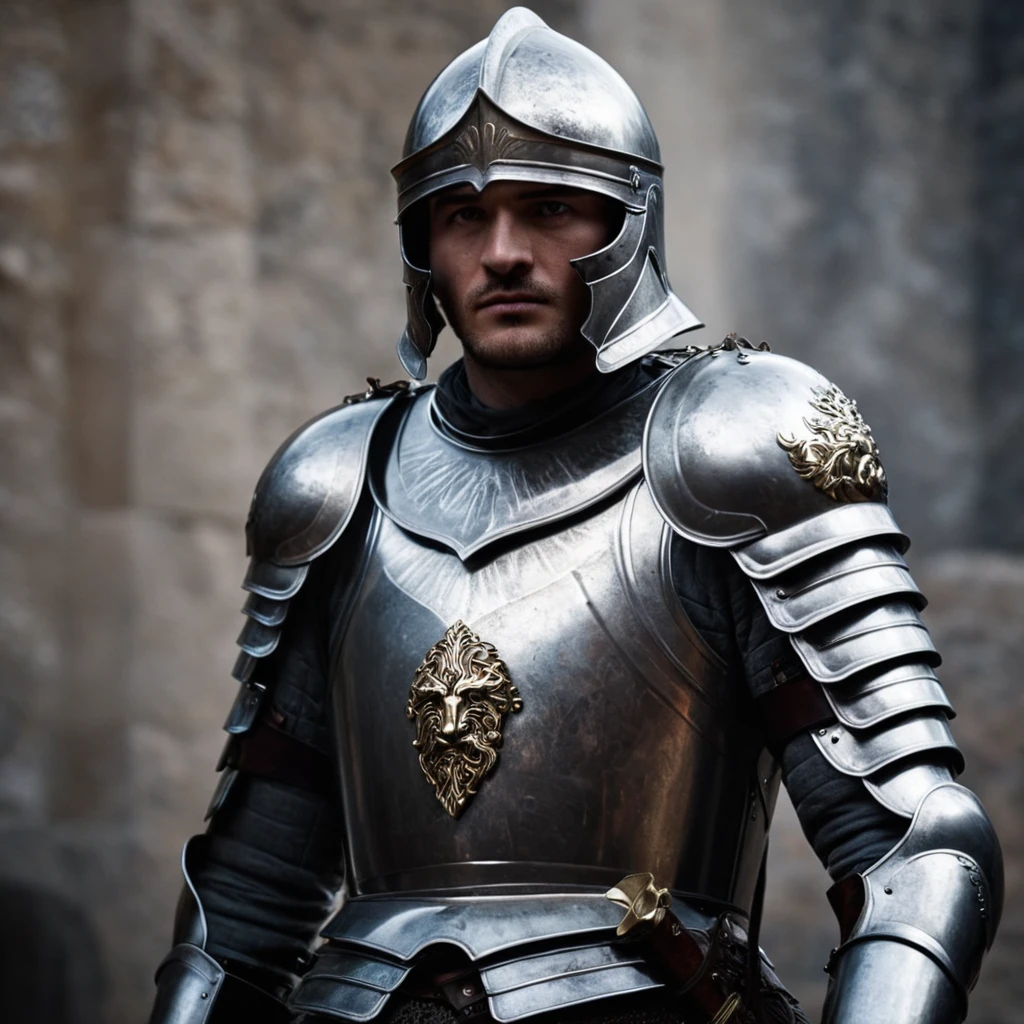 cinematic film still of <lora:Game of Thrones style:1>
In medieval times weapons a silver and gold armor suit on a stand,solo,simple background,standing,full body,grey background,cape,armor,helmet,shoulder armor,gauntlets,facing viewer,1other,pauldrons,breastplate,knight,full armor,ambiguous gender,chainmail , cinematic, film, movie still, movie style, film style, fantasy drama, epic drama, dramatic light, dramatic shadow, fictional, Age of Wonders, Age of Empires, warriors, Medieval style, middle ages, dungeons and dragons style, contrast, color, different people, different, unique, kingdoms and castles style, violent, aggressive, detailed, perfection, detailed face, detailed body, detailed hands, detailed eyes, sharp, Game of Thrones style, shallow depth of field, vignette, highly detailed, high budget, bokeh, cinemascope, moody, epic, gorgeous, film grain, grainy