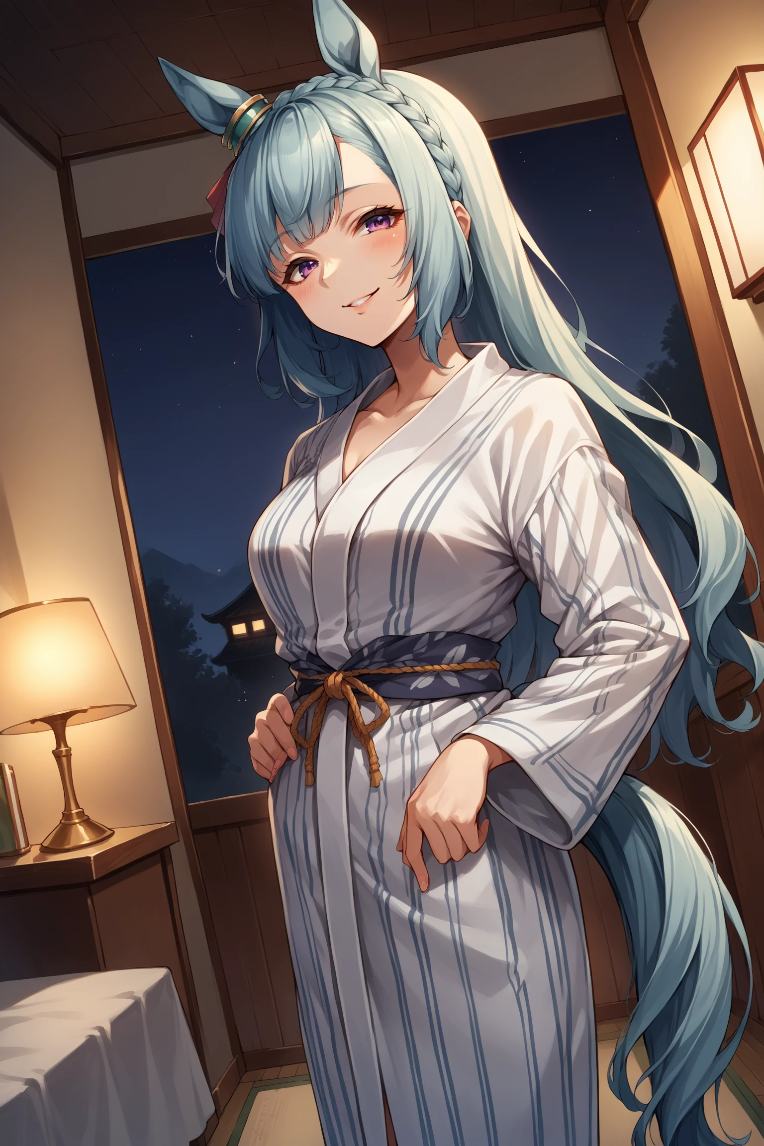 ((Anime girl with big posing in hotel bathroom)), (((Night view))), (((Twin tails)), ((Wearing a bathrobe with wide open chest)))), ((Holding the chest of the bathrobe with his hand)))), ((Barefoot)), ((No bra)), (Sheer bathrobe)), Seductive anime girl, best anime 4K wallpapers, perfect gray haired girl, attractive anime girls, 4k anime wallpapers, 4k manga wallpapers,, detailed digital anime art, anime best girls, beautiful anime girls, detailed anime artwork, beautiful charming anime women