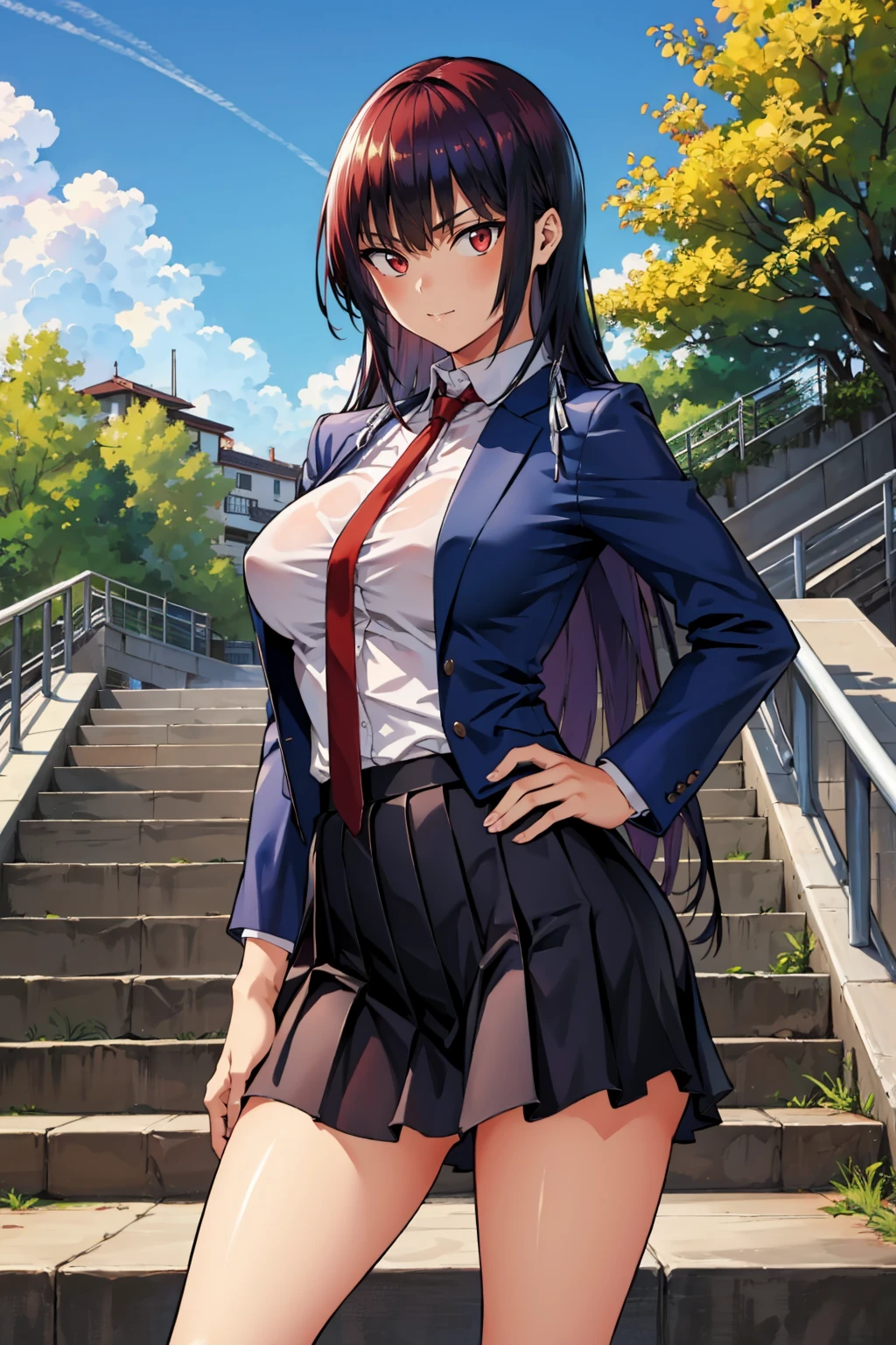 masterpiece, best quality  <lora:takaminesan-nvwls-v1-000009:0.9> takaminesan, red eyes, hair ribbon, white shirt, red necktie, pleated skirt, black skirt, large breasts, hand on hip, blue jacket, looking at viewer, smug, tree, stairs, blue sky, outdoors