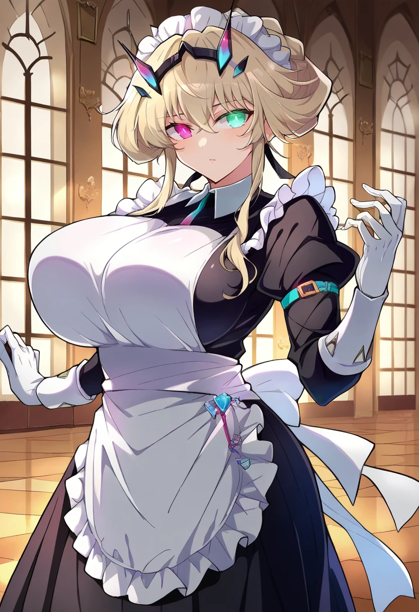 score_9, score_8_up, score_7_up, source_anime BREAK 1girl, solo, looking at viewer, cowboy shot, <lora:Barghest_Sdxl:0.9>, Barghest_Maid, platinum blonde hair, twin braids, short hair, sidelocks, hair up, hair bun, heterochromia, glowing eyes, maid headdress, frilled dress, pleated dress, juliet sleeves, maid apron, collar, black skirt, long skirt, white gloves, huge breasts, curvy, indoors, vila, marble floor, glass table, day, window, <lora:yaegashi-han-Style-PonyXL:1>