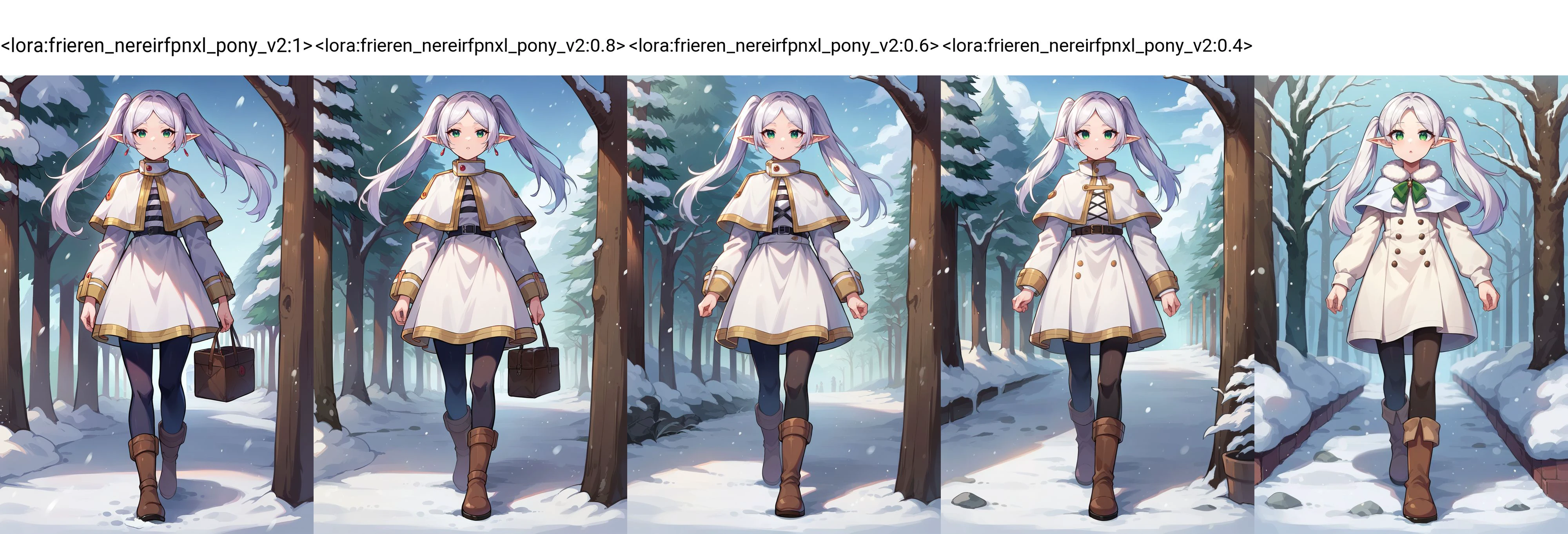 <lora:frieren_nereirfpnxl_pony_v2:1> score_9, score_8_up, score_7_up, score_6_up, BREAK
source anime, nereirfpnxl, frieren, 1girl, snow, pointy ears, twintails, green eyes, boots, outdoors, elf, long hair, white capelet, solo, winter, white hair, brown footwear, footprints, white dress, long sleeves, bangs, looking at viewer, parted lips, snowing, parted bangs, standing, tree, walking, day, black pantyhose