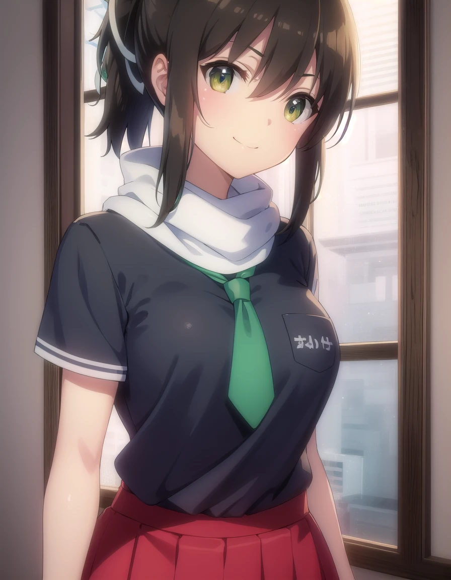 skasuka, <lora:sk asuka s1-lora-nochekaiser:1>,
asuka, brown hair, (green eyes:1.3), ribbon, hair ribbon, ponytail, smile,
BREAK skirt, school uniform, necktie, scarf, short sleeves,
BREAK indoors, classroom,
BREAK looking at viewer, (cowboy shot:1.5),
BREAK <lyco:GoodHands-beta2:1>, (masterpiece:1.2), best quality, high resolution, unity 8k wallpaper, (illustration:0.8), (beautiful detailed eyes:1.6), extremely detailed face, perfect lighting, extremely detailed CG, (perfect hands, perfect anatomy),