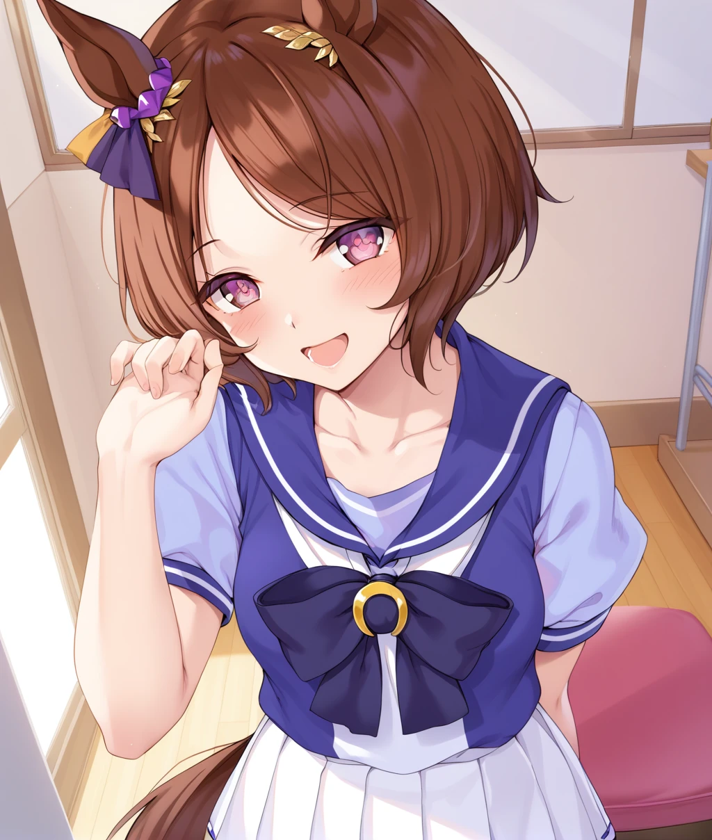 score_9, score_8_up, score_7_up BREAK
tracen_uniform, 1girl, solo, looking at viewer, blush, smile, short hair, open mouth, bangs, skirt, brown hair, shirt, bow, school uniform, collarbone, tail, short sleeves, heart, pleated skirt, serafuku, puffy sleeves, hand up, bowtie, sailor collar, puffy short sleeves, parted bangs, symbol-shaped pupils, heart-shaped pupils, white skirt, horse ears, horse girl, horse tail, arm behind back, purple bow, purple shirt, sailor shirt,purple bowtie, horseshoe ornament
<lora:sakura_laurel-ponyXL:0.8>,
five fingers,