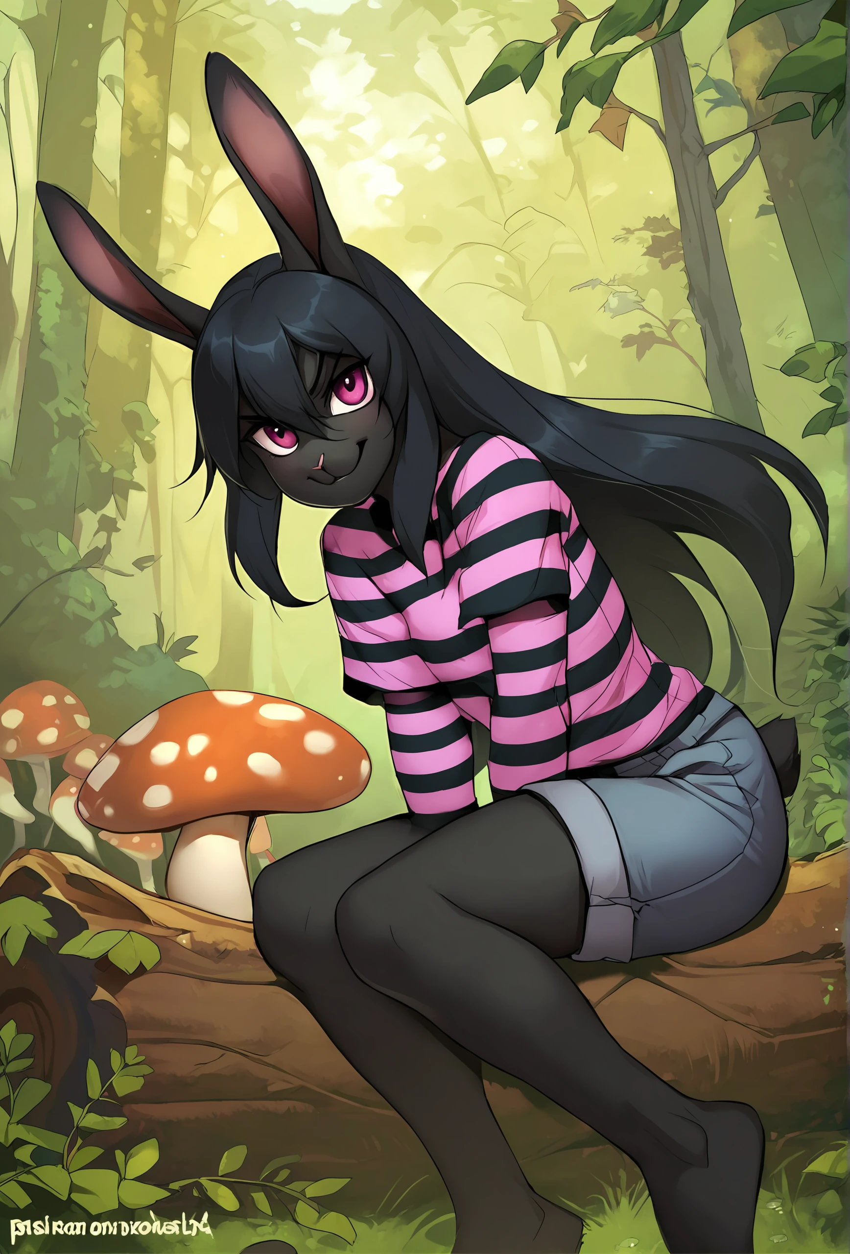 score_9, score_8_up, score_7_up, score_6_up, score_5_up, score_4_up, outdoors, forest, log, source_furry BREAK
<lora:iskra_style_ponyXL_v1:1> iskrastyle, 1girl, solo, rabbit girl, black hair, black fur, black skin, pink eyes, long hair, hair between eyes, sidelocks, black shirt, striped shirt, t-shirt, shorts, smile, mushroom, v-shaped eyebrows, looking at viewer,