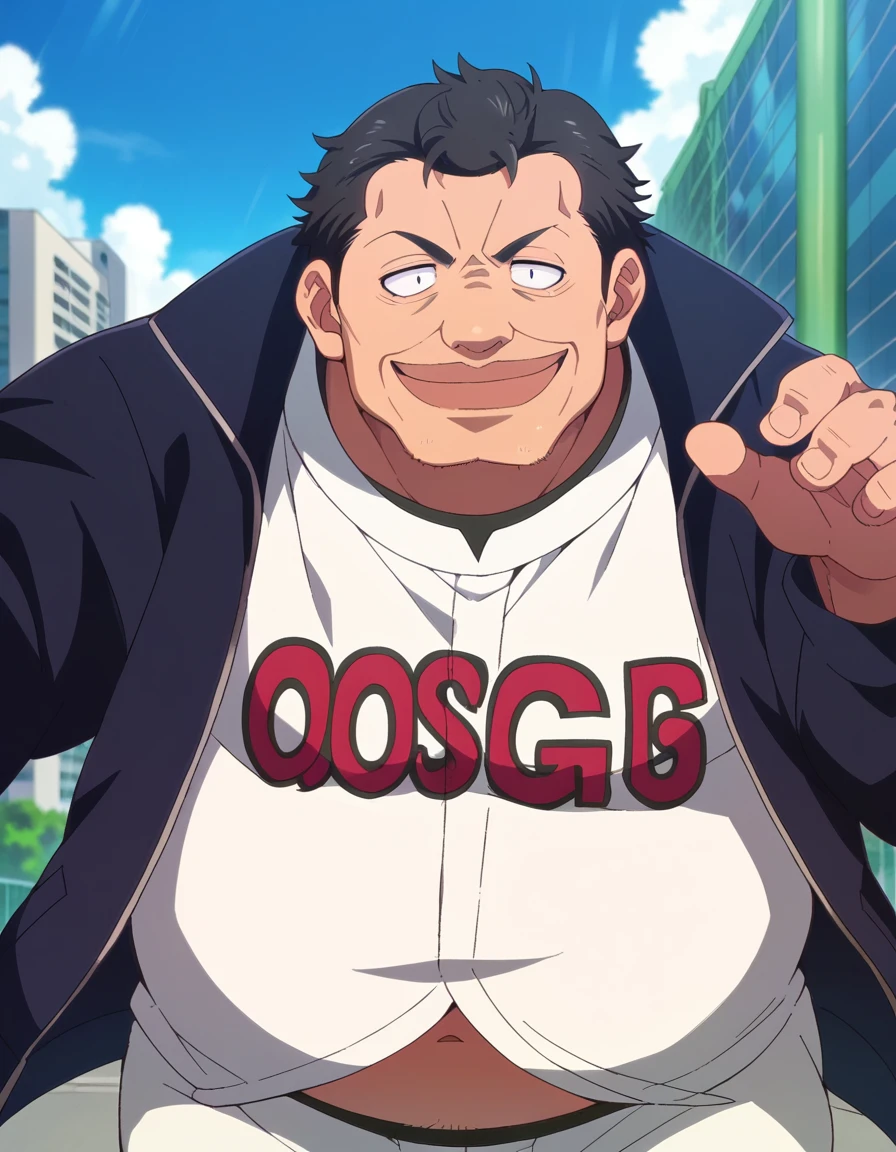 score_9, score_8_up, score_7_up, source_anime,
gonzoukosugi, <lora:gonzou-kosugi-ponyxl-lora-nochekaiser:1>
gonzou kosugi, short hair, black hair, male focus, facial hair, stubble, fat, fat man, black eyes,
shirt, jacket, white shirt, open clothes,
outdoors, cityscape, smile,
looking at viewer, dutch angle, cowboy shot