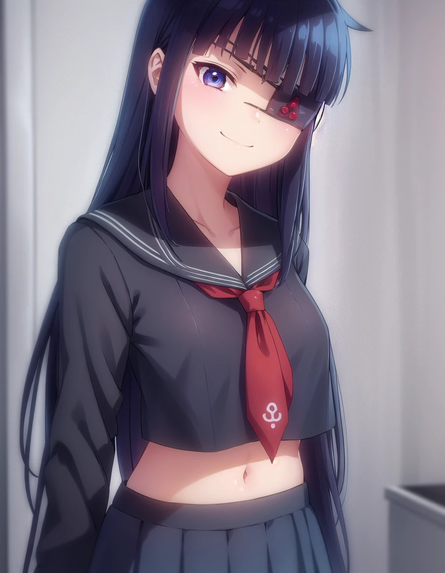 masterpiece, best quality, highres, hmmr1, minamoto no raikou (fate), low-tied long hair, school uniform, black serafuku, black shirt, crop top, collarbone, neckerchief, midriff, long skirt, choker, side slit, sailor collar, smile, cowboy shot, open mouth, arms behind back, indoors