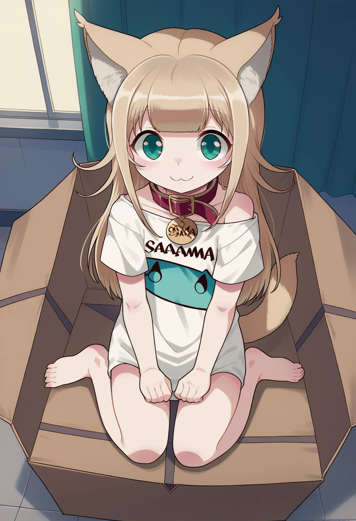 score_9, best quality, masterpiece, uncensored, source_anime
BREAK
1girl, solo, cat girl, cat tail, cat ears, solo, text on shirt, collar, sitting, blonde hair, topwear, looking at viewer, shirt, teal eyes, barefoot, inside the box, cardboard box, inner ear fluff, clothed, green eyes, :3, smile, chibi
<lora:40hara_pony_v2:1>