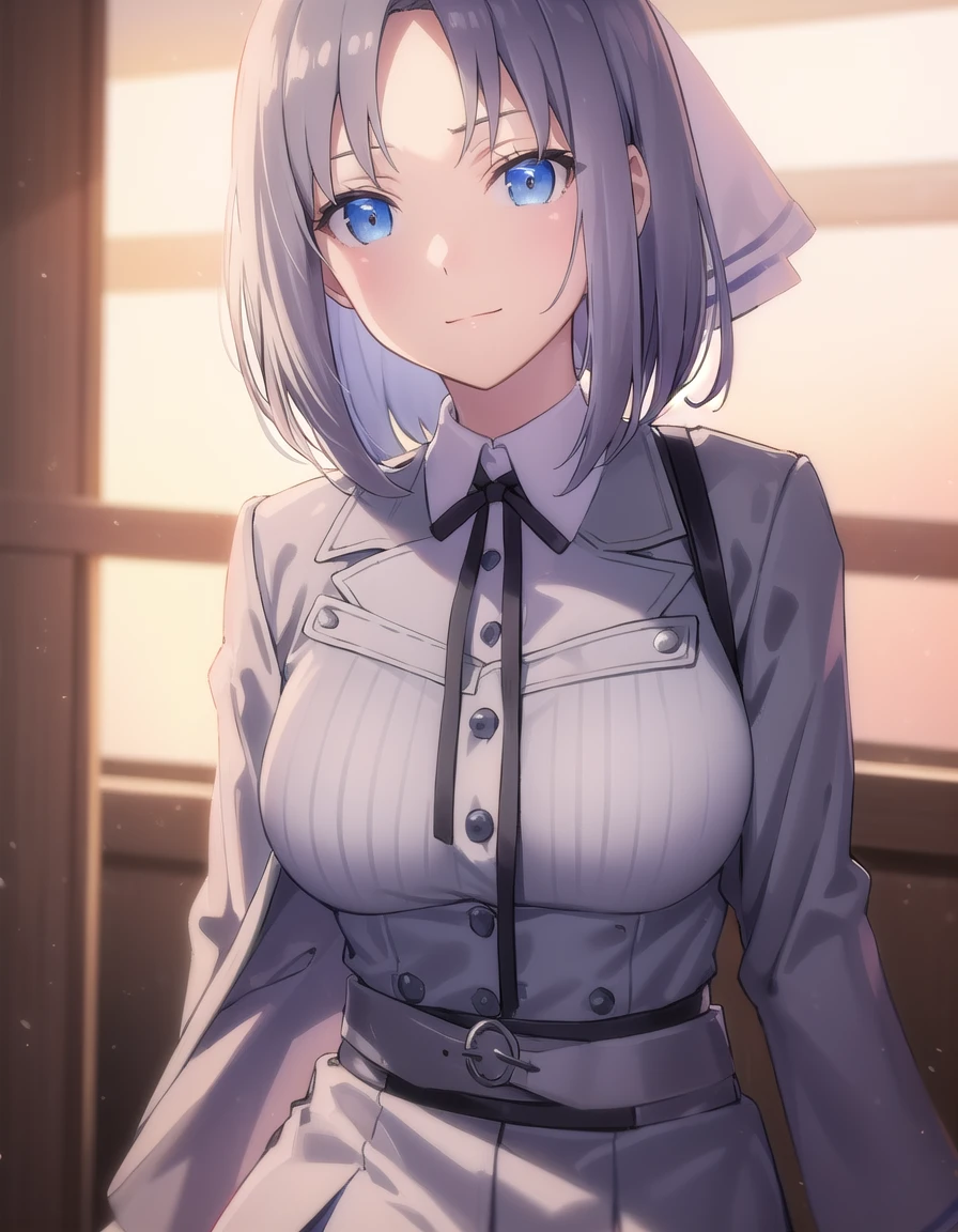(8K, highest quality, masterpiece:1.2),(blue coloured eye),((Clothes details)),High-definition CG Unity 8k, focus, realistic, shadow, soft lighting, Cowboy shot, White pale hair, Short girl, high waist skirt, Red sharp eyes, School ager