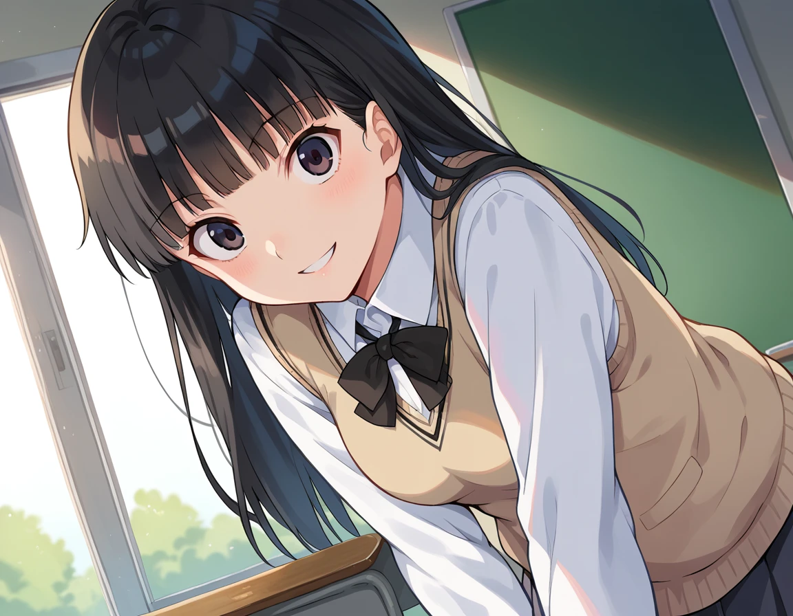score_9, score_8_up, score_7_up, source_anime,
tsukasaayatsuji, <lora:tsukasa-ayatsuji-ponyxl-lora-nochekaiser:1>
tsukasa ayatsuji, black hair, long hair, bangs, blunt bangs, black eyes, smile,
kibito high school uniform, school uniform, sweater vest,
indoors, classroom, bent over,
looking at viewer, dutch angle, cowboy shot