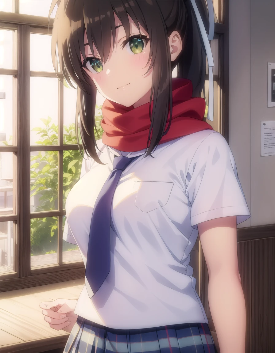 skasuka, <lora:sk asuka s1-lora-nochekaiser:1>,
asuka, brown hair, (green eyes:1.3), ribbon, hair ribbon, ponytail, smile,
BREAK skirt, school uniform, necktie, scarf, short sleeves,
BREAK indoors, classroom,
BREAK looking at viewer, (cowboy shot:1.5),
BREAK <lyco:GoodHands-beta2:1>, (masterpiece:1.2), best quality, high resolution, unity 8k wallpaper, (illustration:0.8), (beautiful detailed eyes:1.6), extremely detailed face, perfect lighting, extremely detailed CG, (perfect hands, perfect anatomy),