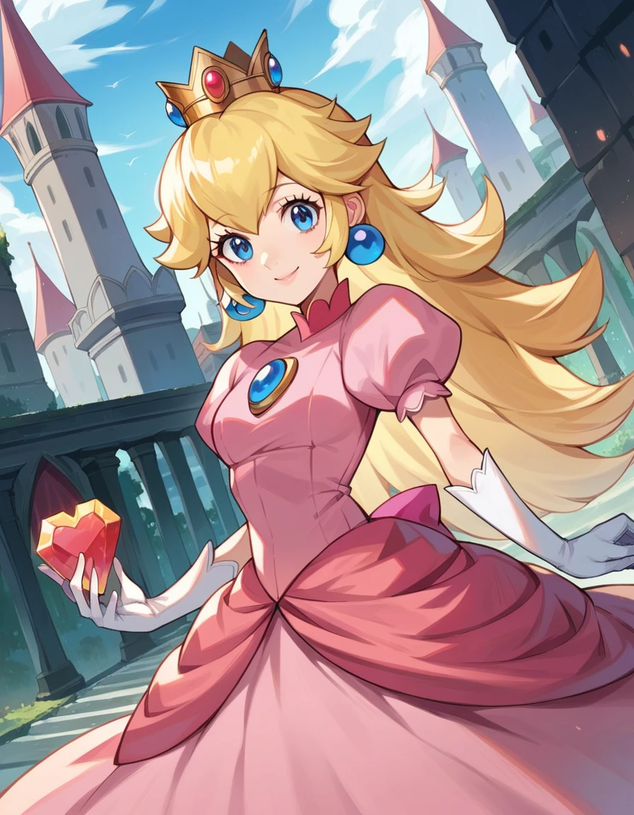 score_9, score_8_up, score_7_up, source_anime,
princesspeach, <lora:princess-peach-chibi-ponyxl-lora-nochekaiser:1>
princess peach, blonde hair, blue eyes, long hair, smile,
crown, dress, gem, gloves, pink dress, puffy short sleeves, puffy sleeves, short sleeves, white gloves,
outdoors, cityscape,
looking at viewer, dutch angle, cowboy shot