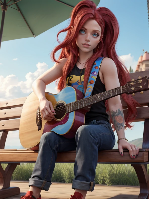 (Style: disney, pixar, realism, (epic:1.2), realistic, photo, trending on artstation, 3d, ((high quality:1.2, masterpiece:1.2)) , (8k resolution) , high details, incredibly absurdres, color connection, colorized, colorful, nsfw, sexy, seductive),
(Avril Lavigne, musican:1.2), sitting on a bench