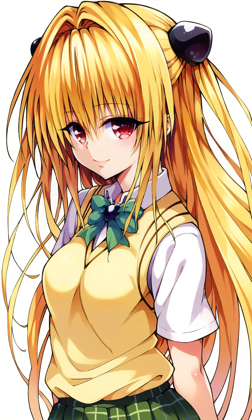 YabukiKentarou, to love-ru, ore_9, score_8_up, score_7_up BREAK 
konjiki no yami, red eyes, blonde hair, hair intakes, long hair, hairpods, school uniform, skirt, sweater vest, looking at viewer, light smile, portrait, 
 <lora:YabukiKentarou_Pony:1>