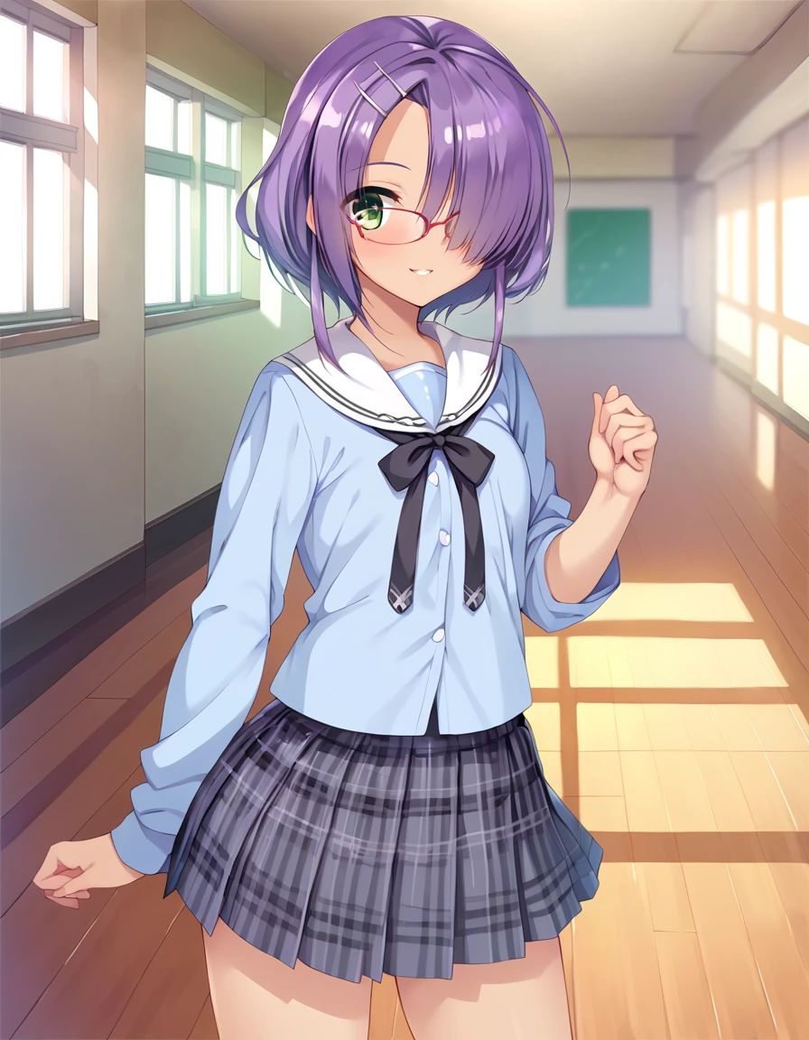 score_9, score_8_up, score_7_up, source_anime,
pinup of 1girl, solo, cinematic photo, blurry background, depth of field, cowboy shot,
talking, smile, blush, joyful, parted lips, rised hand, indoors, in school, hallway, window, sunlight,
<lora:HiuchidaniMei_pony_v1a:0.9>
hucdnmi, short hair, purple hair,hair over one eye, bangs, hair ornament, green eyes, hairclip, dark skin,small breasts,
school uniform, blue serafuku, white sailor coller, black neck ribbon, plaid skirt, grey skirt, thighs, socks, red glasses, semi-rimless eyewear,
detailed eyes, eye refraction,