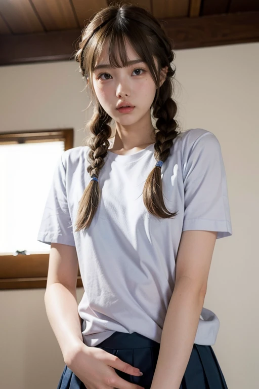 photo of <lora:ichika_matsum_lora-09:1>,blonde hair,braids,brown eyes,1girl,solo,wearing school uniform,white shirt, short sleeves,best quality,masterpiece,illustration,an extremely delicate and beautiful,CG,unity,Amazing,finely detail,official art,8k wallpaper,incredibly absurdres,highres,extremely detailed,beautiful detailed girl