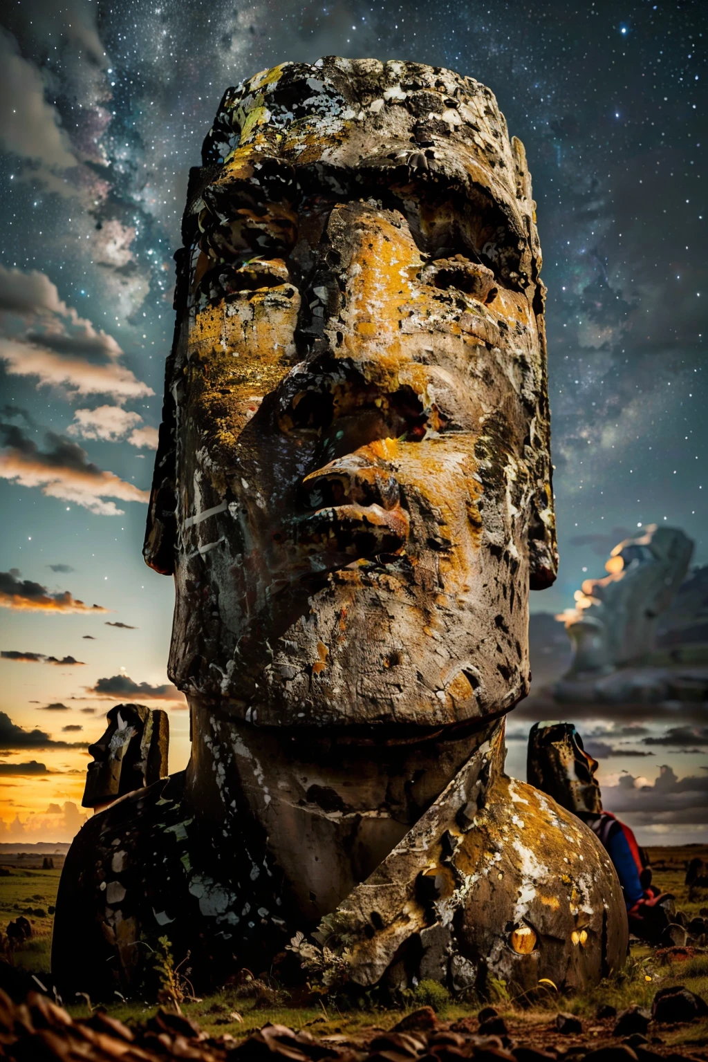 (ultra realistic,32k, masterpiece:1.2),(high detailed skin:1.1),( high quality:1.1),  <lora:Moai:0.8>,  moai, solo, outdoors, sky, night, star (sky), night sky, scenery, starry sky, milky way