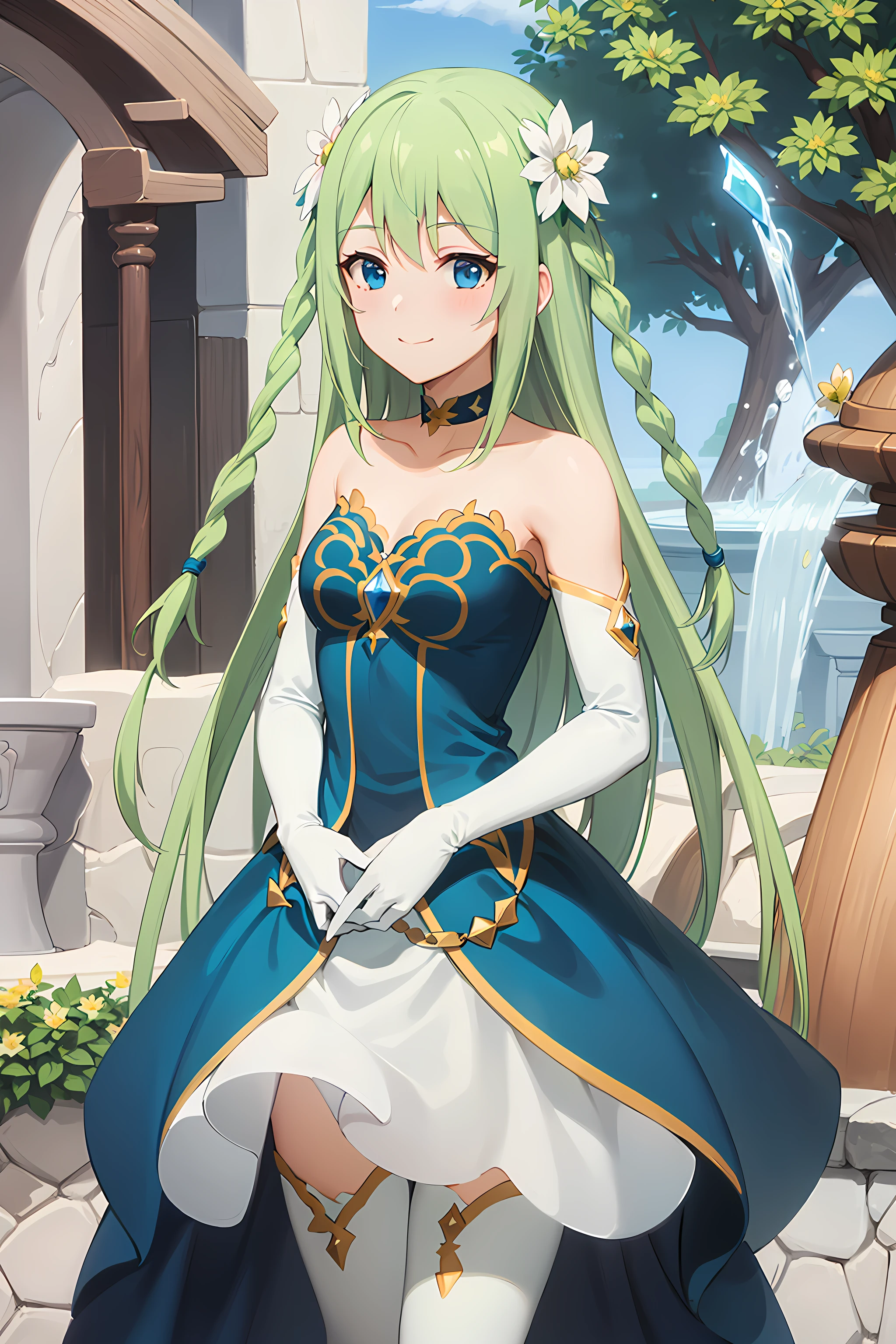 best quality, masterpiece, detailed,
<lora:PrincessConnect_Chika:0.8>, Chika,
1girl, closed mouth, light smile,
green hair, very long hair, blue eyes, twin braids, hair flower,
dress, bare shoulders, elbow gloves, white gloves, choker, white thighhighs, gem,
looking at viewer, arms at sides,
outdoors, fantasy, tree, building, fountain