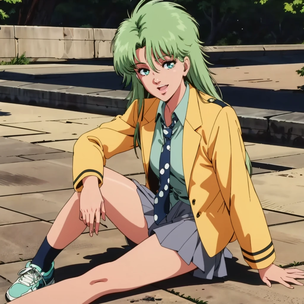 <lora:MZ2TokimatsuriEve001:0.7>,looking at viewer,smile,open mouth,
solo,
MZ2TokimatsuriEve,1girl,green hair,long hair,aqua eyes,1990s (style),
jacket,shirt,necktie,
skirt,
full body,sitting,