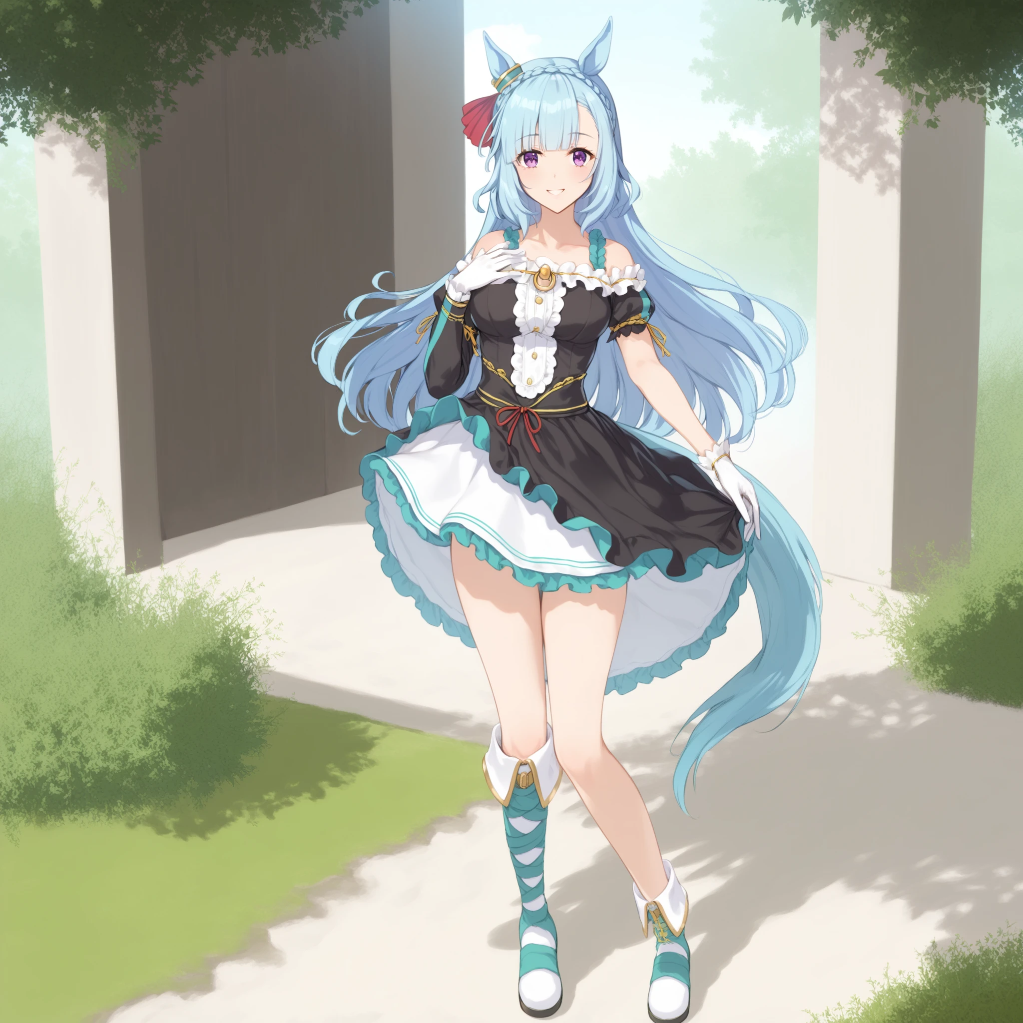 score_9, score_8_up, score_7_up, source_anime, 2D, anime BREAK
grassland, (back, dynamic pose), from behind,
shobofuku, 1girl, solo, long hair, breasts, looking at viewer, blush, smile, gloves, dress, animal ears, blue hair, standing, purple eyes, tail, full body, braid, boots, black gloves, white gloves, black dress, horse ears, horse girl, horse tail, single glove, crown braid, asymmetrical gloves, mismatched gloves, asymmetrical footwear, mismatched footwear, <lora:mejiro_ardan-ponyXL-000006:1>,