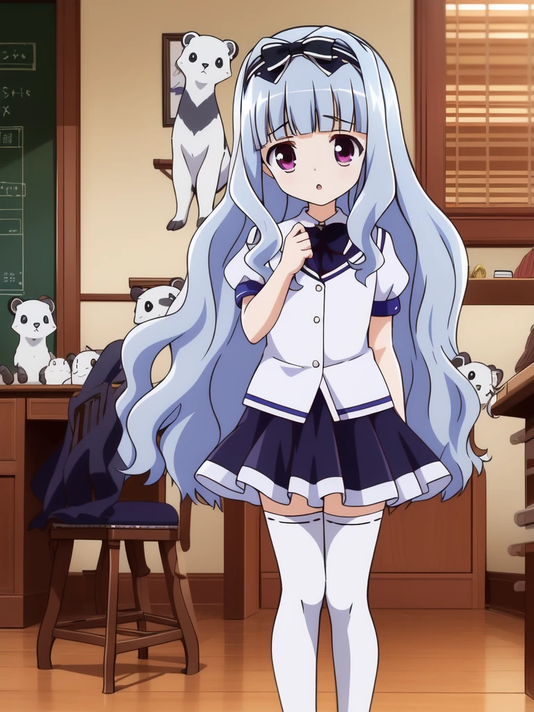 <lora:amatsuka_watayuki:0.8>, watayuki, 1girl, long hair, thighhighs, mary janes, shoes, skirt, bangs, full body, bow, short sleeves, wavy hair, very long hair, shirt, white shirt, standing, panda, puffy sleeves, blunt bangs, hair bow, zettai ryouiki, black footwear, hairband, white thighhighs, blue skirt, looking at viewer, puffy short sleeves, solo, pleated skirt, animal, school uniform, :o, animal on shoulder, purple eyes, hand on own chest, blue hair, grey hair, hair intakes, shijou takane, room, desk,
masterpiece, high quality, very_high_resolution, large_filesize, full color,