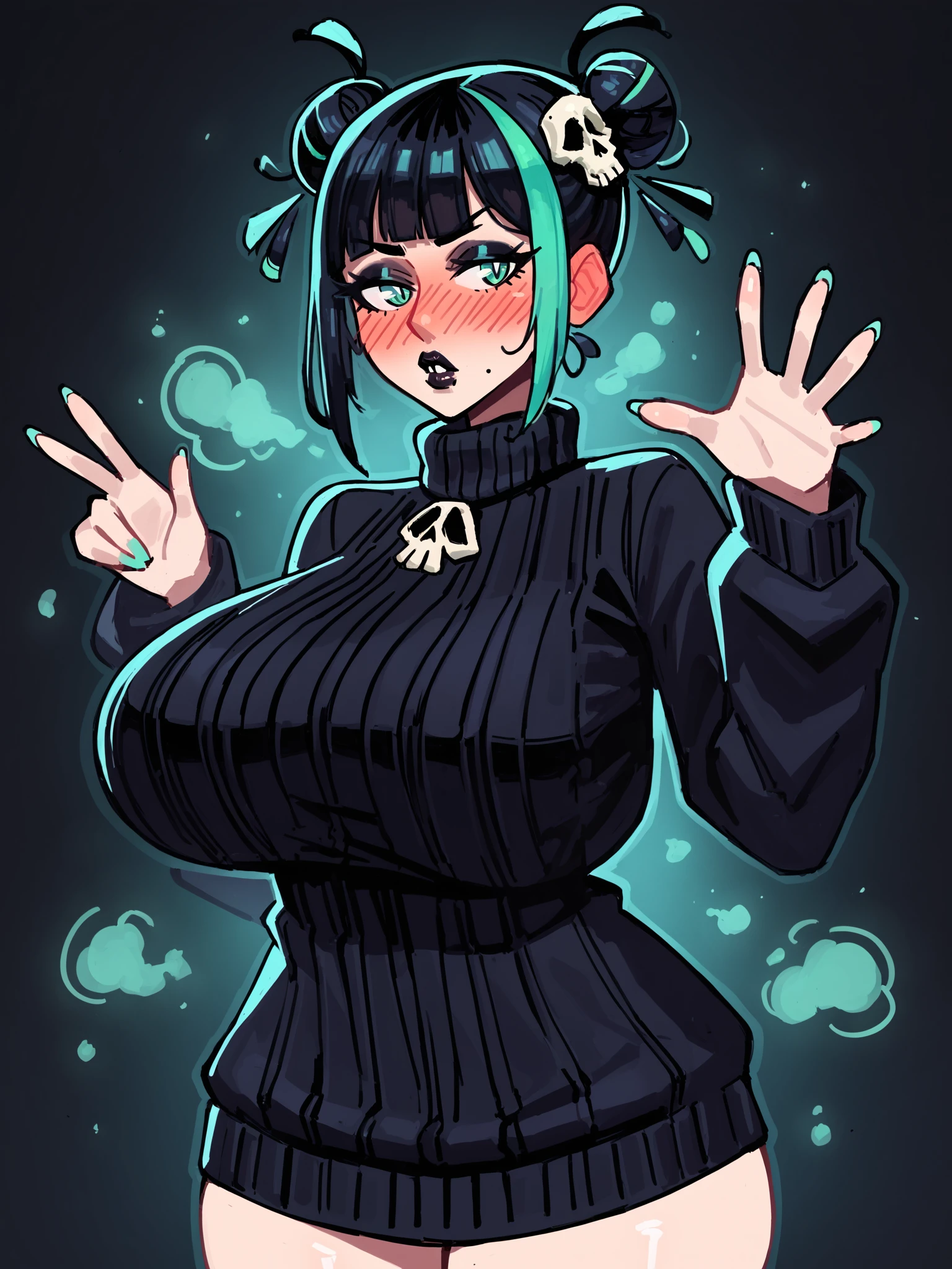 score_9, score_8_up, score_7_up, score_6_up, score_5_up, score_4_up,
BREAK
1girl, (black hair:1.1), streaked hair, mint green streaks, double bun, hair up, skull hair ornament, mint green eyes, black pupils, blunt bangs, black lips, thick lips, long eyelashes, black eyeshadow, blush, black collar, mole under mouth, nose blush, ear blush,
BREAK
solo, cowboy shot, huge breasts, thick thighs, thigh gap, steam, sagging breasts, black sweater, turtleneck sweater, long sweater,
BREAK
black background, dynamic pose, dynamic angle, angled shot, <lora:Lunas-KaatokunArt-SDXL-A1:1>