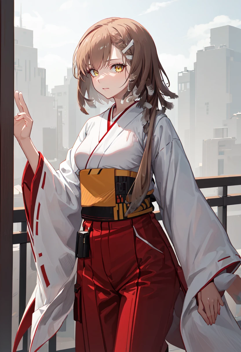 best quality, masterpiece, highres, solo, (firewhistle_arknights:1.10), (white kimono:1.35), (red hakama:1.35), (wide sleeves:1.20), 15 <lora:firewhistle_arknights:0.80>