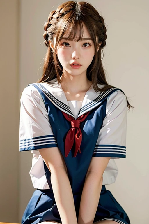 photo of <lora:ichika_matsum_lora:1>,blonde hair,braids,brown eyes,1girl,solo,wearing school uniform,white shirt, short sleeves,black skirt, serafuku,red neckerchief,sailor collar,best quality,masterpiece,illustration,an extremely delicate and beautiful,CG,unity,Amazing,finely detail,official art,8k wallpaper,incredibly absurdres,highres,extremely detailed,beautiful detailed girl