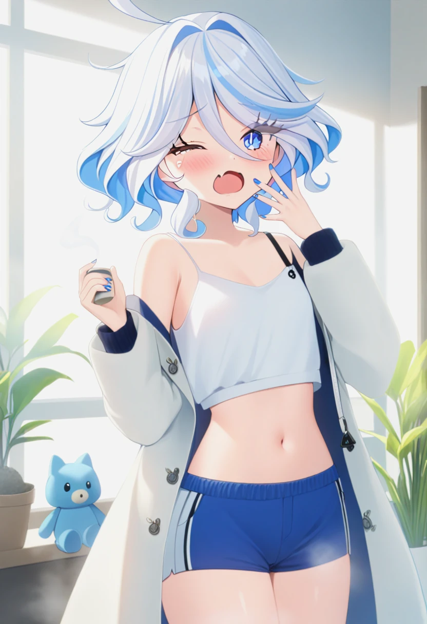 1girl,furina,ahoge,bare_shoulders,blue_eyes,blue_hair,blue_nails,blue_shorts,blush,bra,coat,cowboy_shot,crop_top,cup,drop-shaped_pupils,fang,hand_to_own_mouth,hands_up,holding,holding_cup,long_sleeves,looking_at_viewer,midriff,morning,nail_polish,one_eye_closed,open_clothes,open_coat,open_mouth,plant,potted_plant,short_hair,<lora:furina (genshin impact) xl:1>,shorts,sidelighting,skin_fang,solo,standing,steam,strap_slip,stuffed_animal,stuffed_toy,symbol-shaped_pupils,tank_top,tears,thighs,underwear,white_bra,white_coat,white_tank_top,yawning,