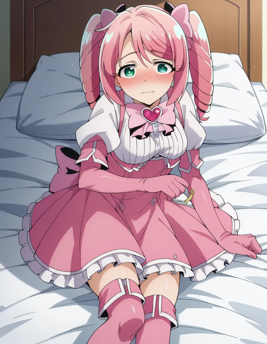 score_9, score_8_up, score_7_up, source_anime,
harukahanabishi, <lora:haruka-hanabishi-ponyxl-lora-nochekaiser:1>
haruka hanabishi, twintails, green eyes, pink hair,
thighhighs, gloves, dress, bow, magical girl, pink gloves,
indoors, bed, bed room, on side, blush, drunk,
looking at viewer, dutch angle, cowboy shot