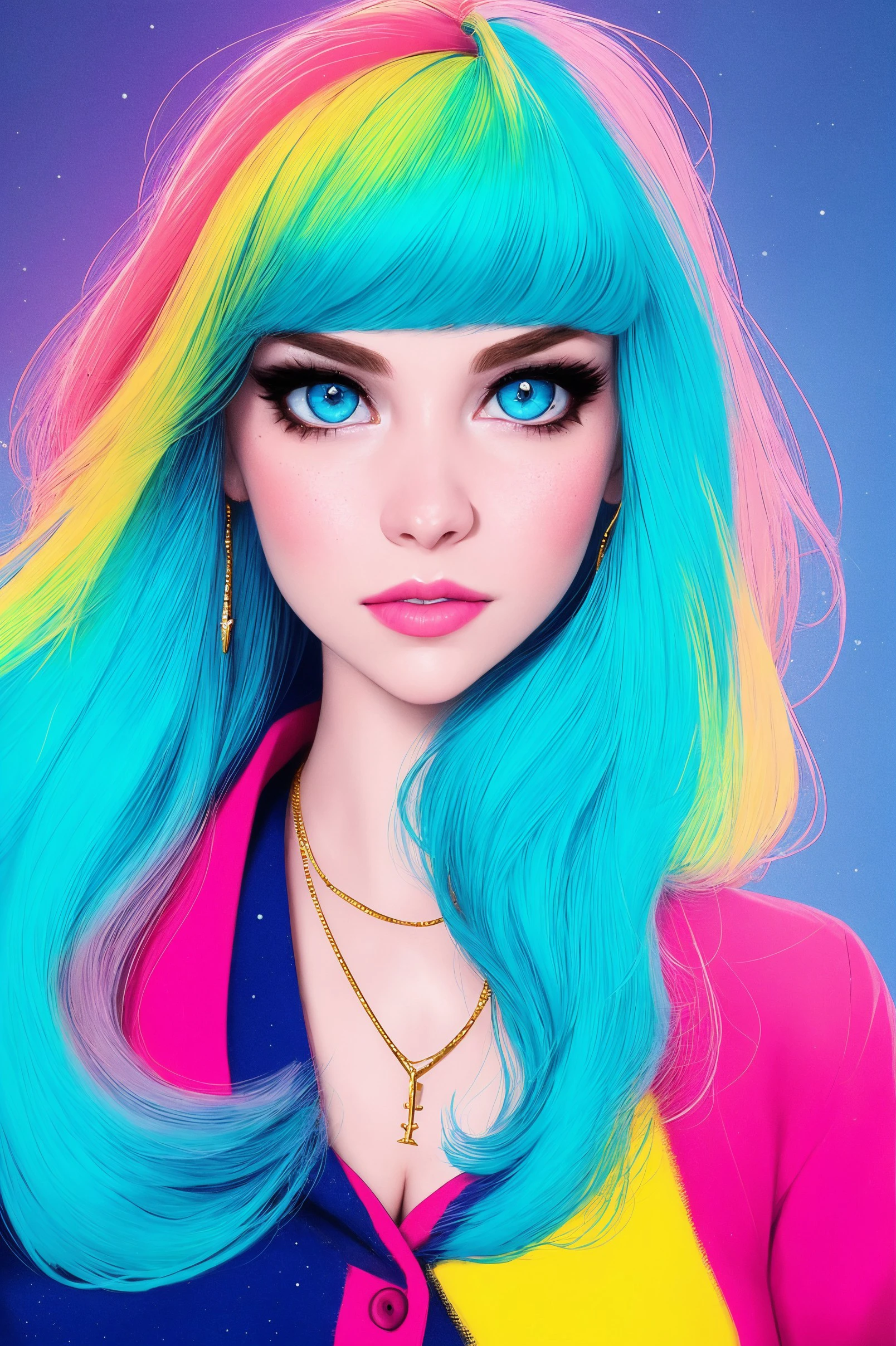 redshift style, (analog style:1.2), sexy,
realistic, photo shoot, professional, high contrast,
[Ni(:0)na Dob(:0)rev|Em(:0)ma Sto(:0)ne], 1girl, solo, expressive look, hearts, light blue eyes, detailed eyes, eyes by Ilya Kuvshinov style, sharp pupils, realistic pupils,
very long hair, flowing hair, aqua hair, glitter makeup, gloss lips,
stud earrings, jewelry, gold necklace, perfect face,
upper body, small lips,
face shot, (closeup:1.2), (extreme closeup:1.2), cleavage, breast focus, from above,
masterpiece, best quality, HDR, viewpoint, highest quality, sharp focus, looking at viewer, facing viewer,  8k, abstract background, colorful background, pink hearts in background,
skin pores, intricate skin texture, realistic skin,
asymmetrical bangs, hair flaps, button-up shirt, cyan shirt, sera(:0)fuku, sch(:0)ool girl uniform, cardigan,
[(colorful explosion psychedelic paint colors:1.2)::0.2],  cromulent, cold,
dynamic lights, bokeh, glowing background,