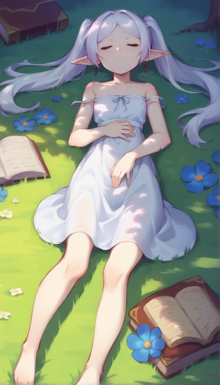 <lora:frieren_nereirfpnxl_pony_v2:1> score_9, score_8_up, score_7_up, score_6_up, BREAK
source anime, nereirfpnxl, frieren, 1girl, sleeping, grass, book, pointy ears, dress, solo, white dress, blue flower, lying, closed eyes, long hair, twintails, elf, strap slip, on back, barefoot, on grass, open book, parted lips, white hair, bare shoulders, outdoors, parted bangs, hand on own stomach, sunlight