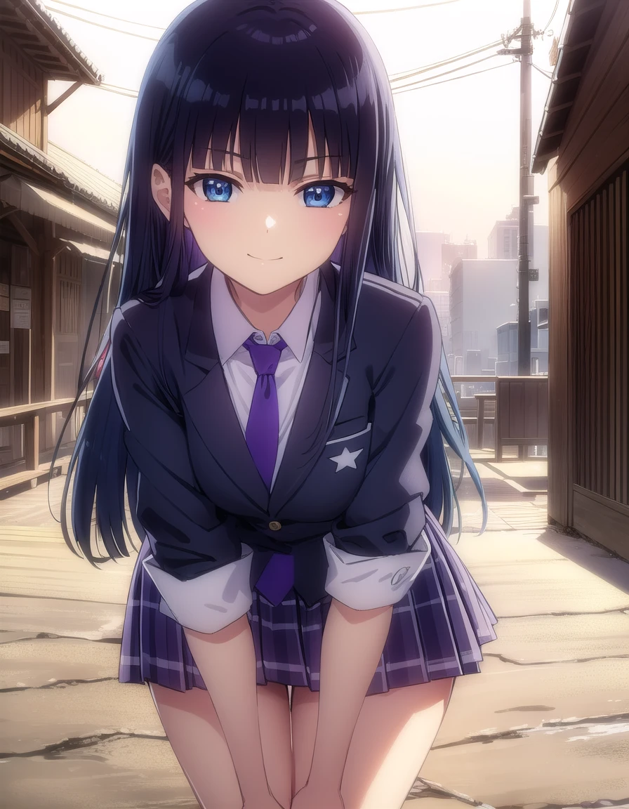 skikaruga, <lora:sk ikaruga s1-lora-nochekaiser:1>,
ikaruga, long hair, blue eyes, black hair, bangs, blunt bangs,
BREAK skirt, shirt, school uniform, pleated skirt, necktie, purple skirt,
BREAK outdoors, classroom,
BREAK looking at viewer, (cowboy shot:1.5), smile,
BREAK <lyco:GoodHands-beta2:1>, (masterpiece:1.2), best quality, high resolution, unity 8k wallpaper, (illustration:0.8), (beautiful detailed eyes:1.6), extremely detailed face, perfect lighting, extremely detailed CG, (perfect hands, perfect anatomy),