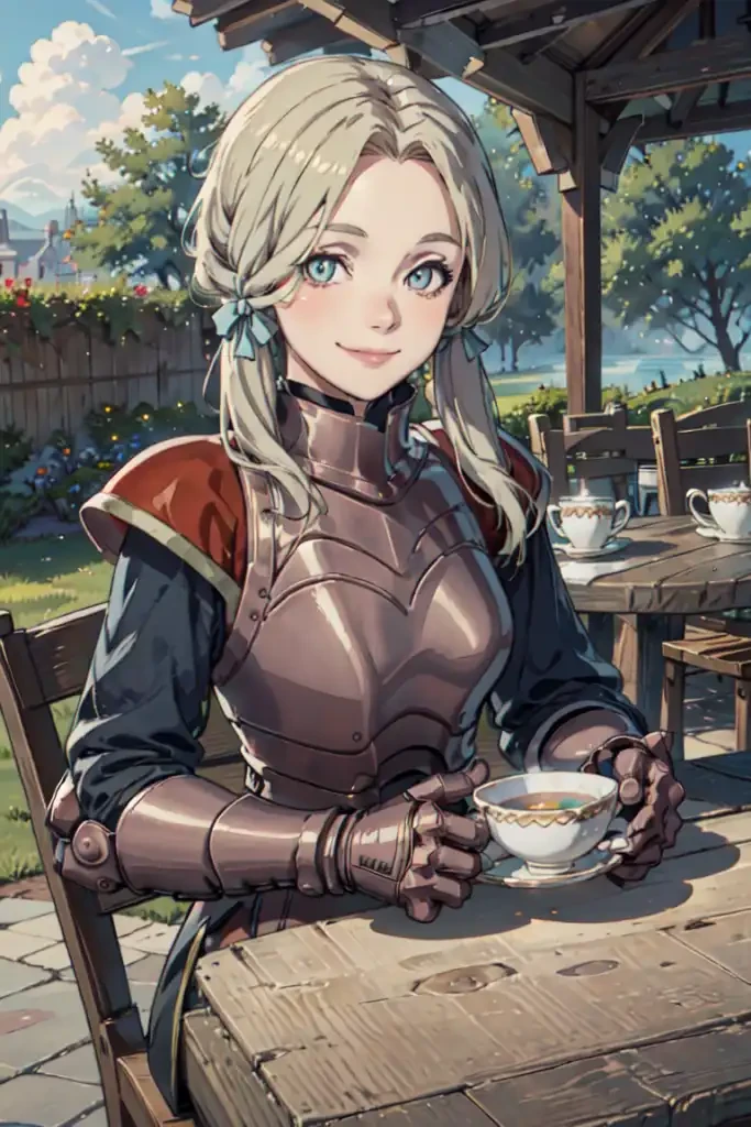 masterpiece, best quality, flechefe, 1girl, solo, low twintails, hair ribbon, armor, breastplate, armored dress, long sleeves, gauntlets, gloves, pants, boots, outdoors, nature, sitting in a chair at a table under a gazebo, holding teacup, saucer, smile, upper body,looking at viewer,