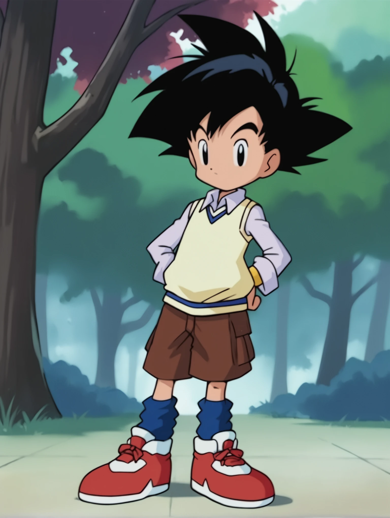 score_9, score_8_up, score_7_up, score_6_up, score_5_up, score_4_up, source_anime, BREAK
looking at viewer, <lora:Digimon:0.8> digimon, <lora:GotenSDXL:0.7> gotenv1, black hair, spiked hair, 1boy, solo, white shirt, sweater vest, brown shorts, blue socks, white and red shoes,