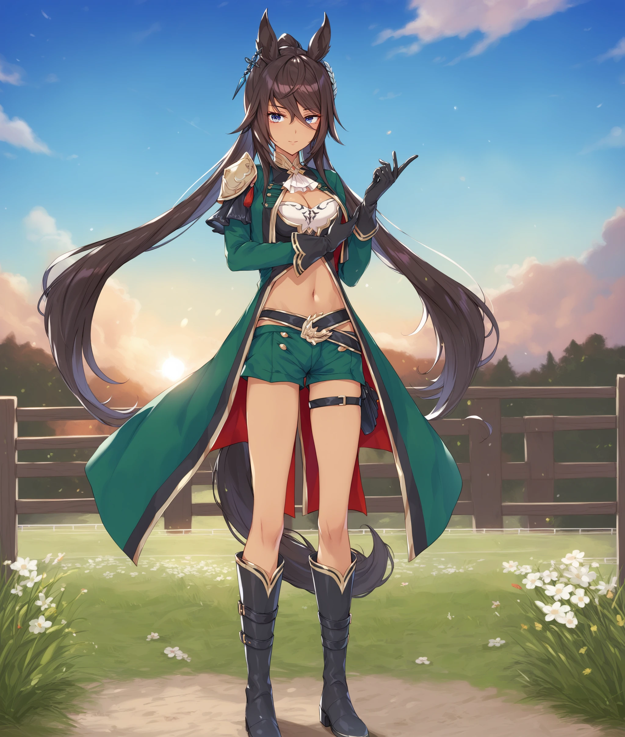score_9, score_8_up, score_7_up BREAK
grassland, racing,
shobufuku, 1girl, solo, long hair, breasts, looking at viewer, blue eyes, brown hair, black hair, gloves, navel, animal ears, very long hair, standing, jacket, tail, full body, boots, shorts, black gloves, midriff, dark skin, black footwear, dark-skinned female, thigh strap, knee boots, horse ears, horse girl, horse tail, green shorts, adjusting gloves,
<lora:symboli_Kris-ponyXL:1>,