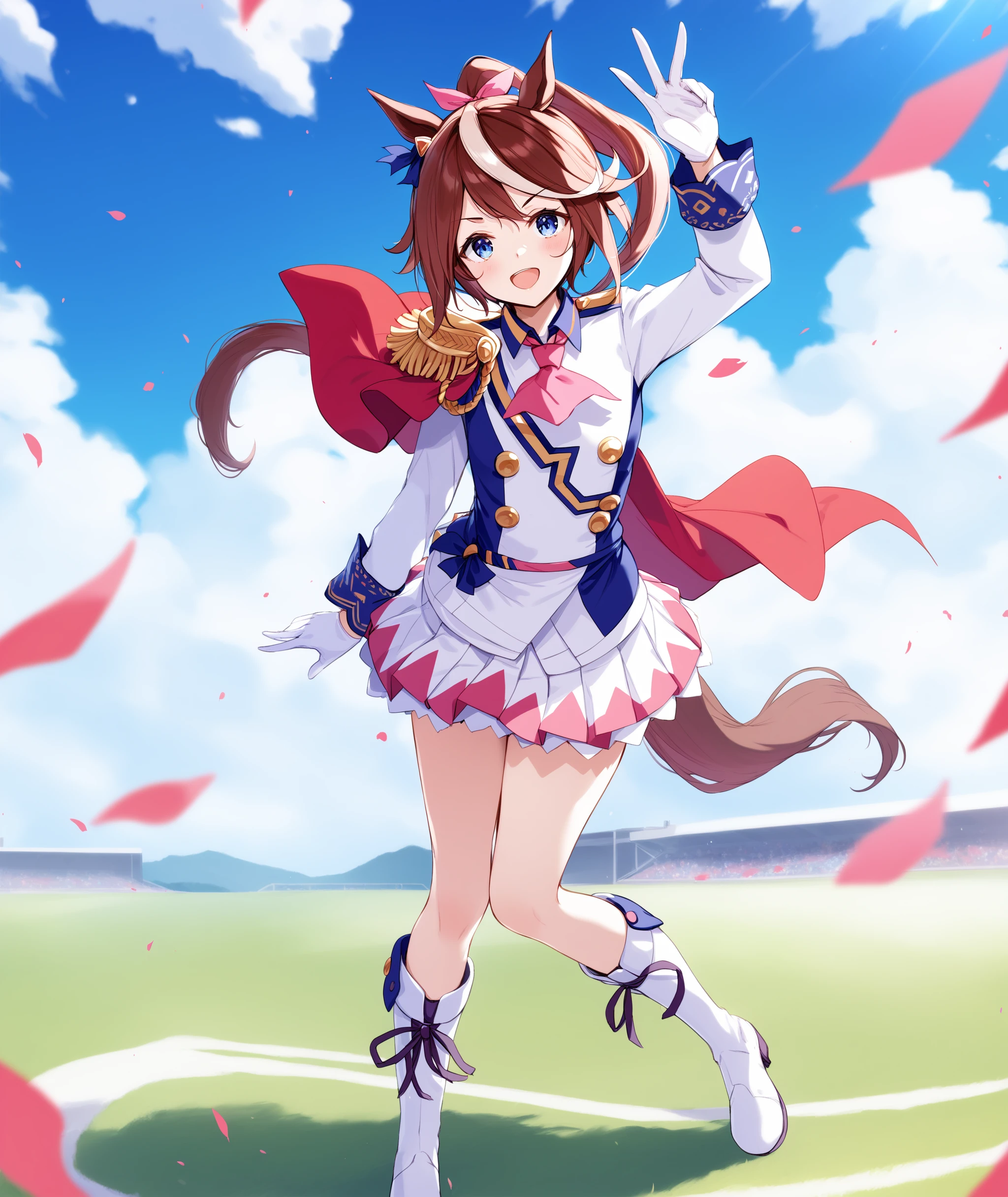 score_9, score_8_up, score_7_up, source_anime BREAK
grassland,
shobufuku, 1girl, solo, long hair, looking at viewer, blush, smile, open mouth, bangs, blue eyes, skirt, brown hair, gloves, long sleeves, ribbon, animal ears, hair between eyes, very long hair, standing, jacket, tail, hair ribbon, ponytail, white hair, :d, multicolored hair, pleated skirt, boots, black gloves, white gloves, miniskirt, cape, two-tone hair, streaked hair, ascot, buttons, white footwear, white jacket, standing on one leg, white skirt, knee boots, horse ears, high ponytail, outstretched arm, horse girl, multicolored clothes, horse tail, pink ribbon, epaulettes, red cape, blue gloves, asymmetrical gloves, mismatched gloves, two-tone skirt, pink ascot, single epaulette, full body,
<lora:tokai_teio-ponyXL:1>,