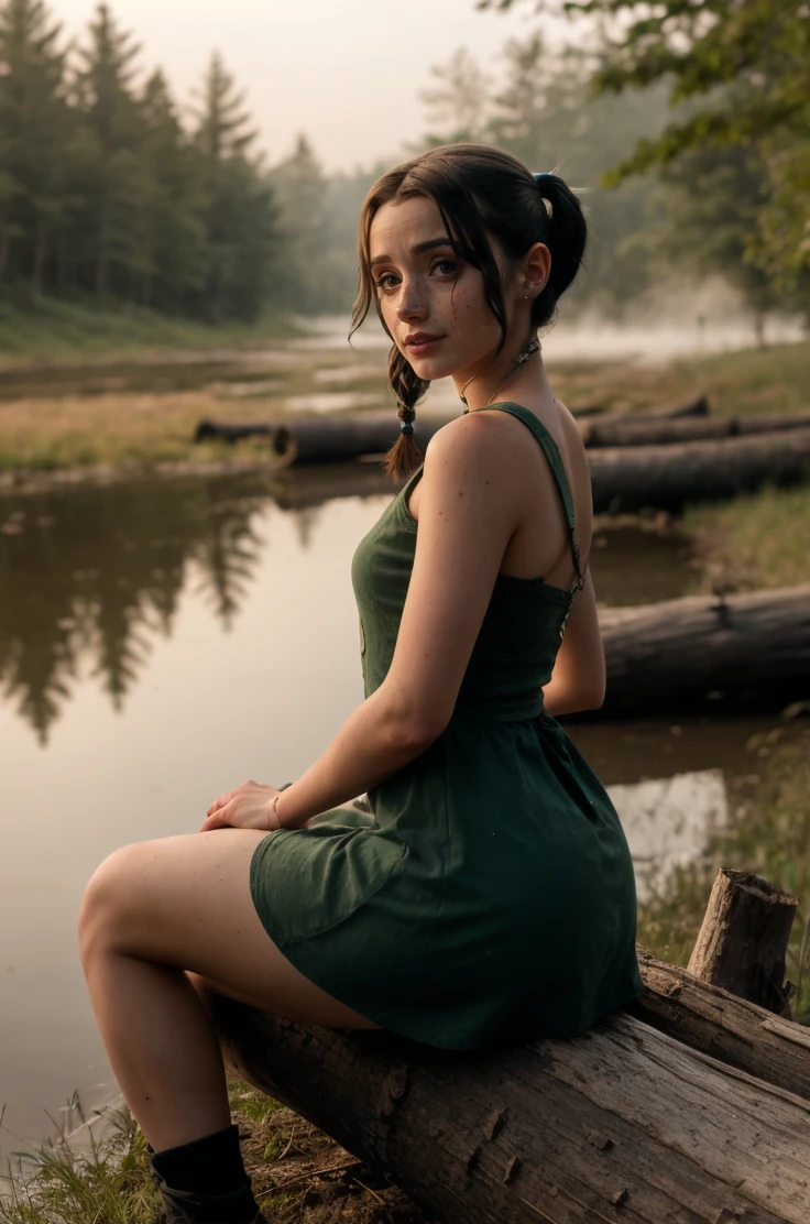 tv_Mackenzie_Jones_OF, ,  , calm expression, wearing a colorful sundress, sitting on a log at a misty forest pond, golden hour, shot from the side,, 8k resolution, highres, high detail, sharp focus, detailed skin,  8k uhd,