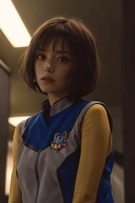 1girl,brown bob cut with parted bangs,(looking up:0.5),xig dress,depth of field,photography,best quality,masterpiece,movie still,indoors,<lora:XIG_Female_Uniform:0.9>,