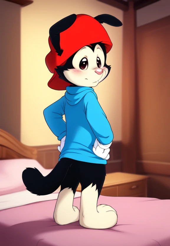 <lora:wakkoWornCartYif:1>     solo,   looking at viewer,  wakkoWornCartYif,  dog, red cap, blue T-shirt, White gloves, a long cat  tail,
(beautiful, aesthetic, perfect, delicate, intricate, masterpiece, )  textured fur, [Room, bed, blanket, pillows,]  (Hands on hips, standing,)
by dagasi, [[by smitty g]], [by personalami0.2], by cynicalstarr,