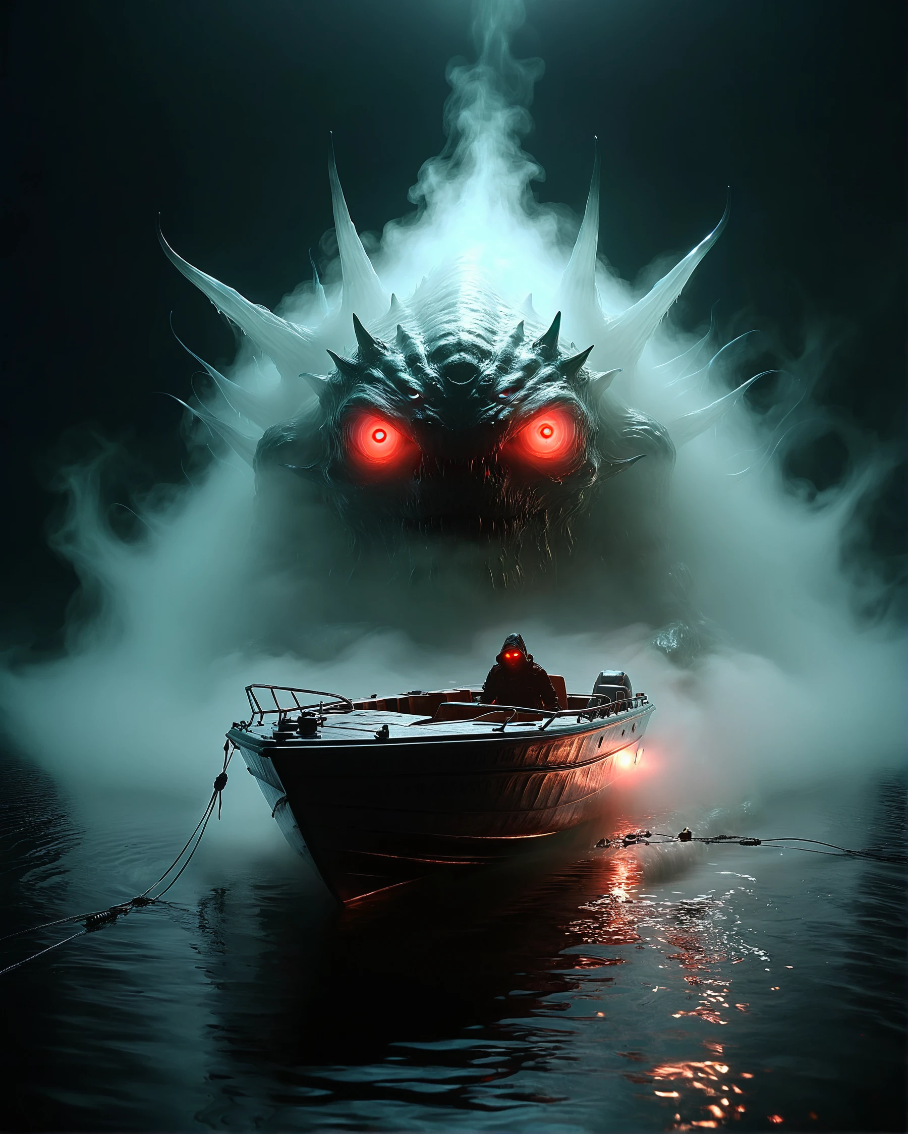 large mist monster with glowing demon eye emerging from the darkness and ectoplasmic mist behind a small boat passing on the cam water, barely visible glowing scales and spikes, ethereal, volumetric lighting
<lora:dvr-trd:0.8> dvr-trd