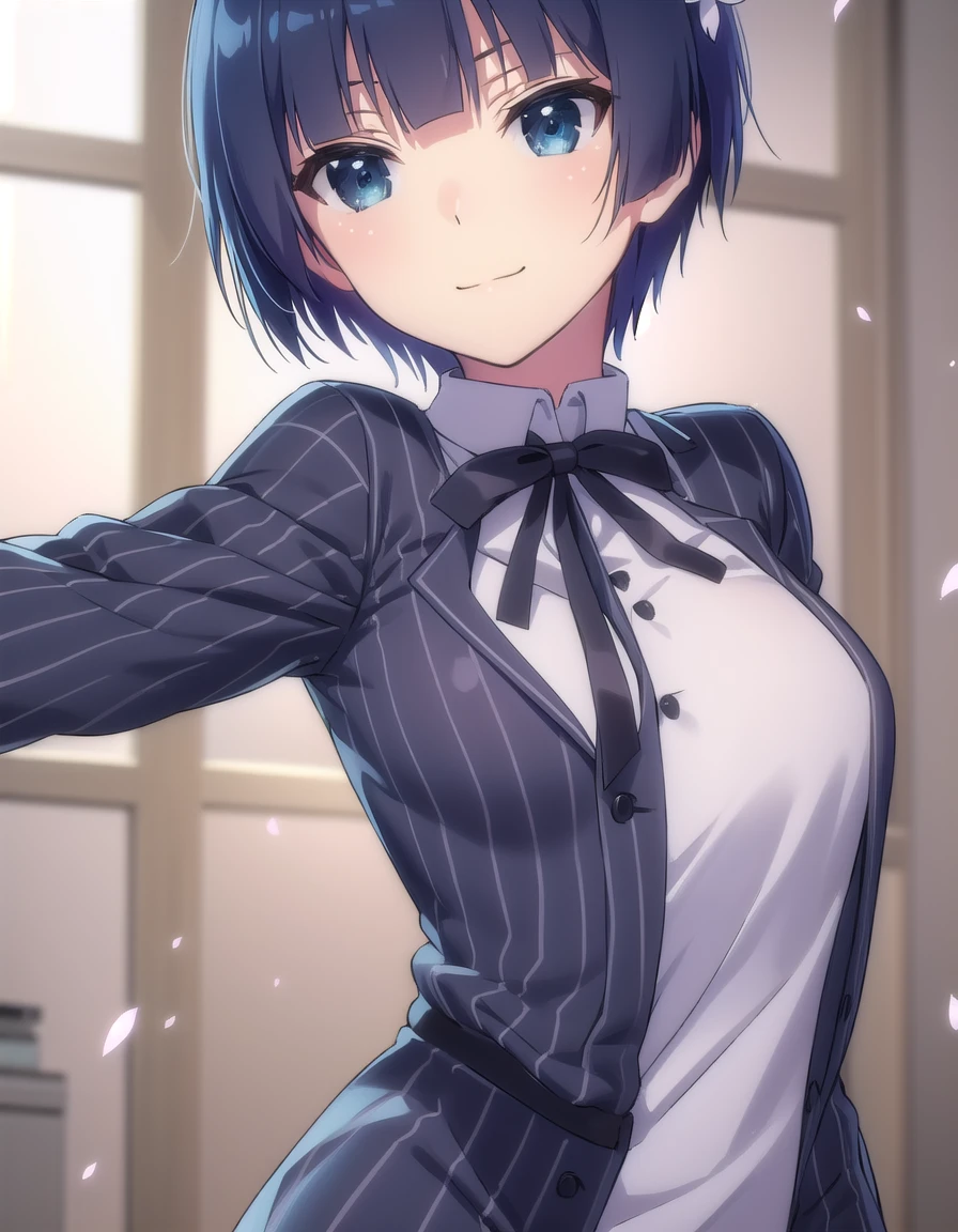 skyozakura, <lora:sk yozakura s1-lora-nochekaiser:1>,
yozakura, short hair, blue eyes, hair ornament, blue hair, hair flower,
BREAK shirt, long sleeves, ribbon, school uniform, jacket, white shirt, black ribbon, neck ribbon, buttons, grey jacket,
BREAK indoors, classroom,
BREAK looking at viewer, (cowboy shot:1.5), smile,
BREAK <lyco:GoodHands-beta2:1>, (masterpiece:1.2), best quality, high resolution, unity 8k wallpaper, (illustration:0.8), (beautiful detailed eyes:1.6), extremely detailed face, perfect lighting, extremely detailed CG, (perfect hands, perfect anatomy),